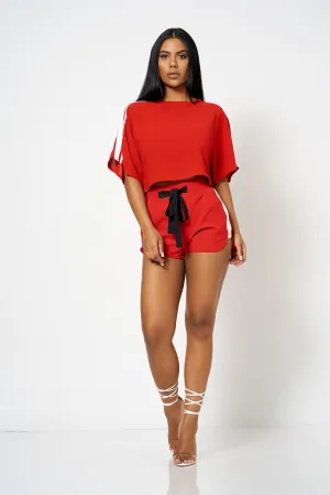 Red Contrast Stripe High Waisted Co-Ord Shorts