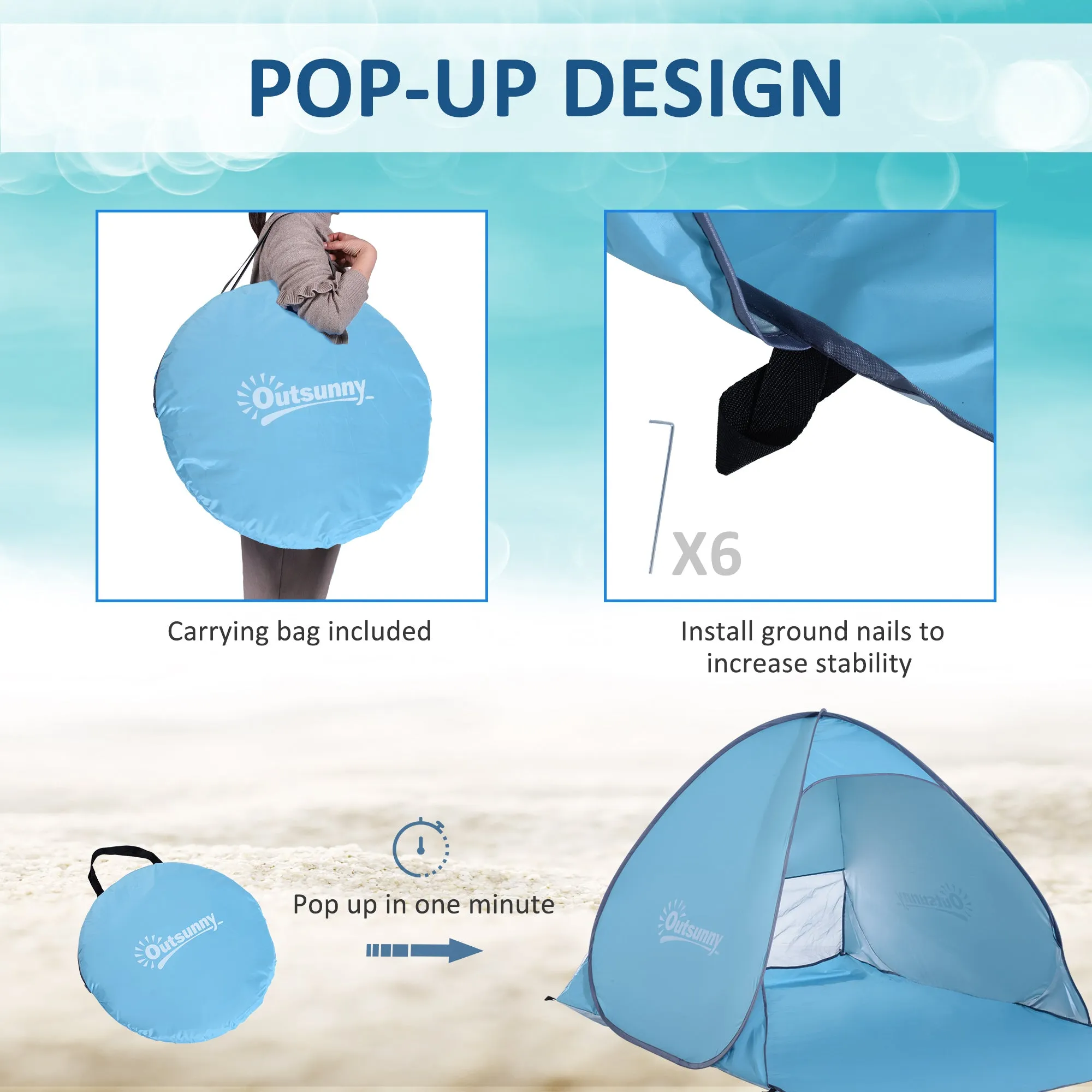 2-3 Person Pop up Beach Tent Hiking UV 30  Protection Patio Sun Shelter (Blue)