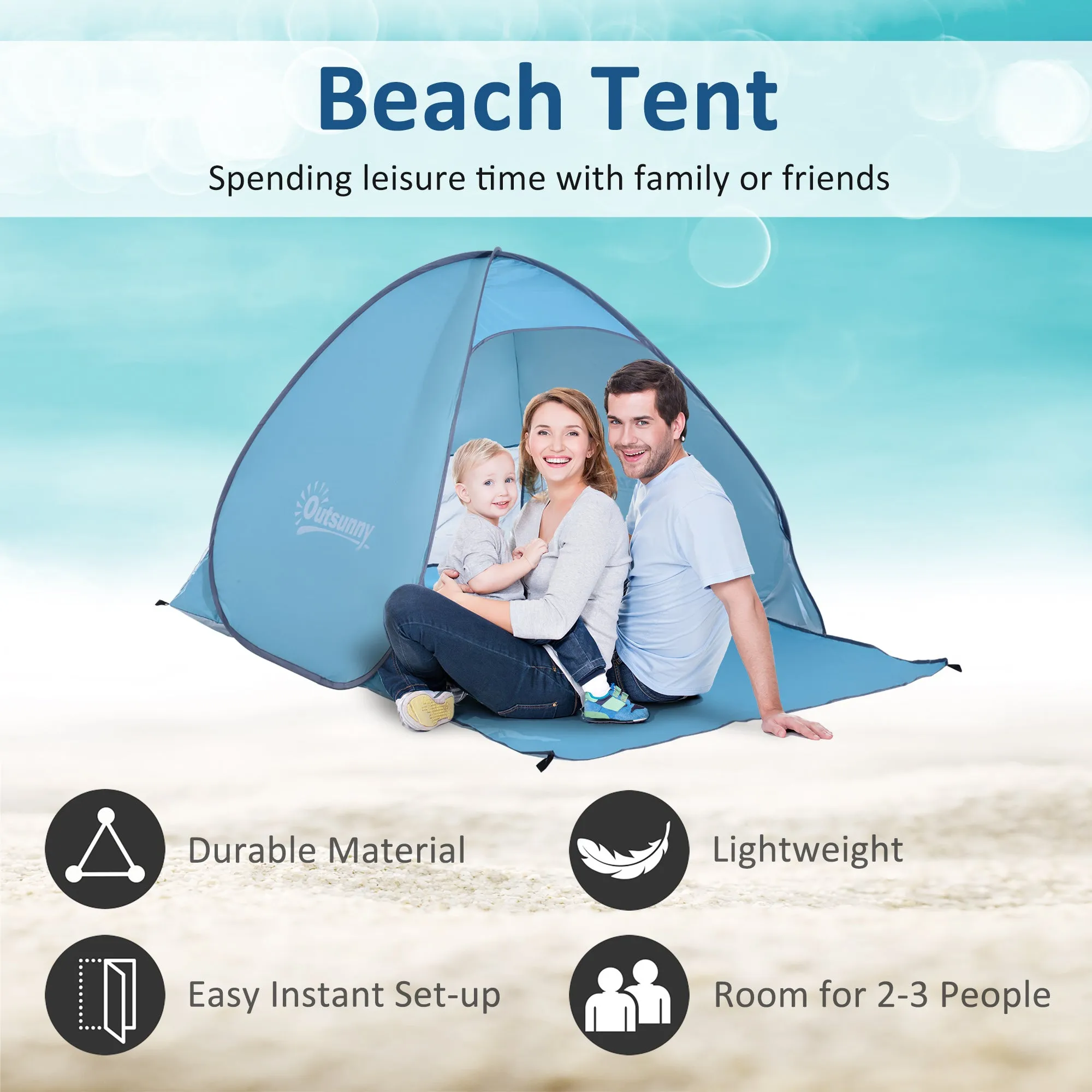 2-3 Person Pop up Beach Tent Hiking UV 30  Protection Patio Sun Shelter (Blue)