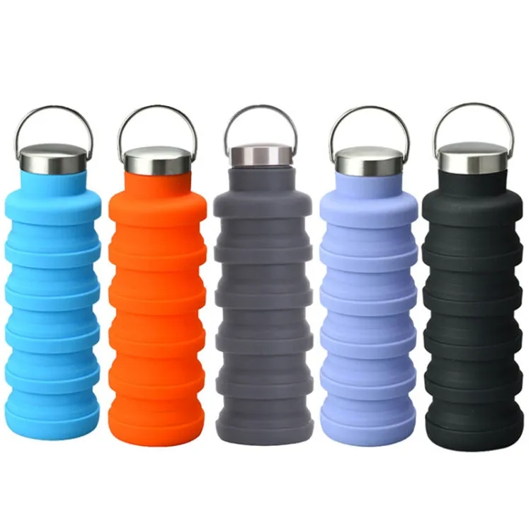 500ml Outdoor Sports Silicone Telescopic Cup Portable Foldable Travel Water Kettle(Blue Handle Lid)