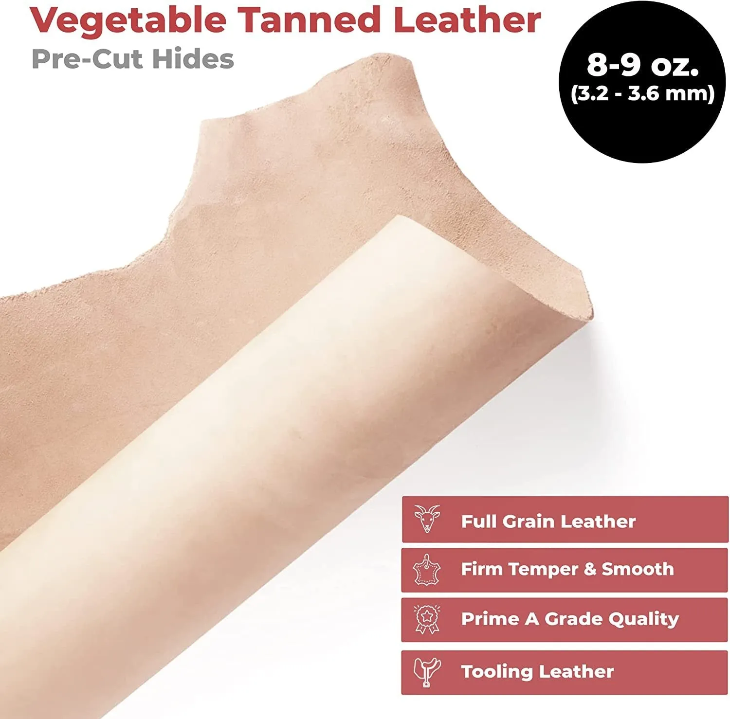 8-9 oz. (3.2-3.6mm) Vegetable Tanned Leather Shoulder Pre-Cut |Full Grain Leather Cowhide Craft Hobby Workshop Tooling, Repair, Carving, Dyeing, Engraving, Wet Molding