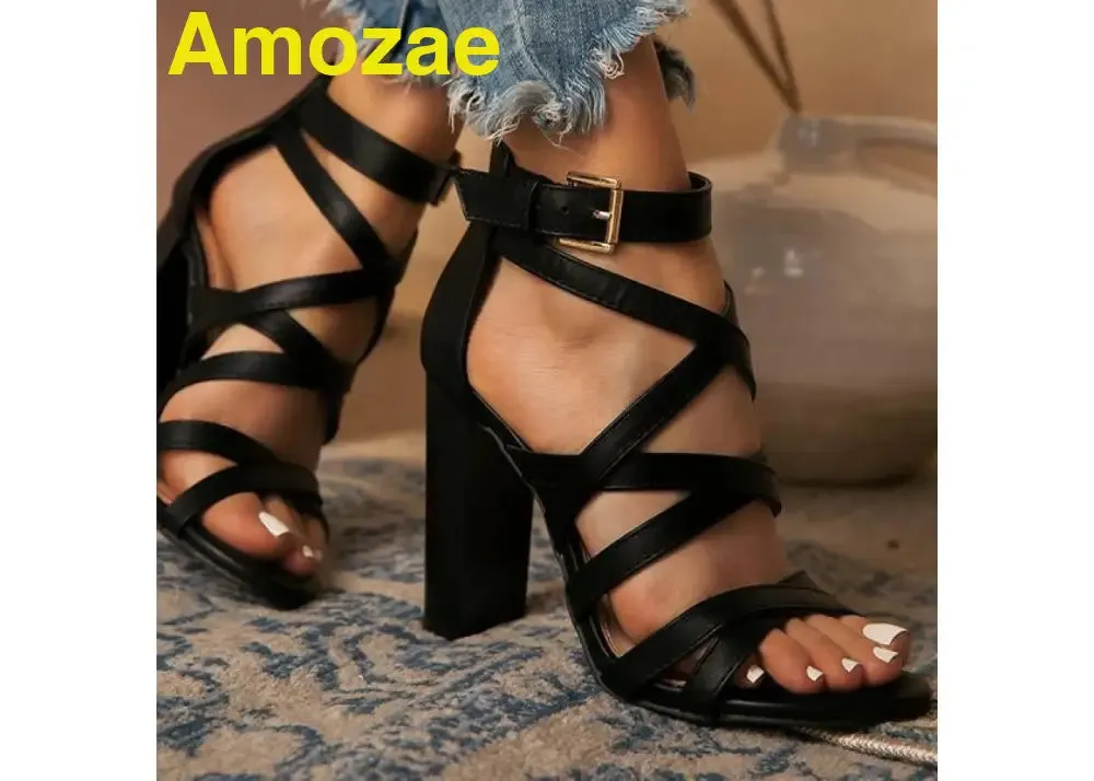 Amozae Ankle Adjustable Gold-Tone Buckle Chunky Heels