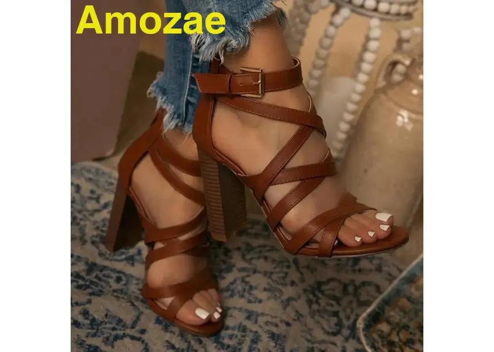 Amozae Ankle Adjustable Gold-Tone Buckle Chunky Heels