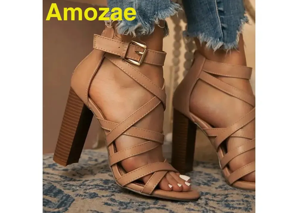 Amozae Ankle Adjustable Gold-Tone Buckle Chunky Heels