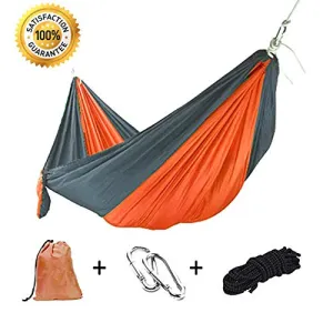 BOBOLINE Hammock Camping Single Tree Straps & Carabiners | Easy Assembly |Lightweight Portable Parachute Nylon Hammock for Camping, Backpacking, Survival, Travel, Beach, Indoor, Outdoor,Gray/Orange