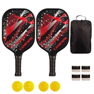 CAMEWIN  Carbon Fiber Pickleball Racket Set Include 2 Paddles 4 Balls 4 Hand Glue 1 Cover Bag(Red)