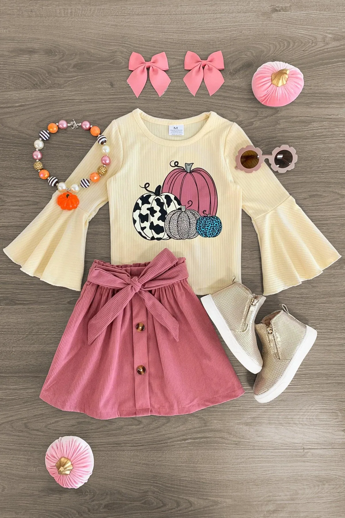 Cream & Mauve Pumpkin Corduroy Skirt Set