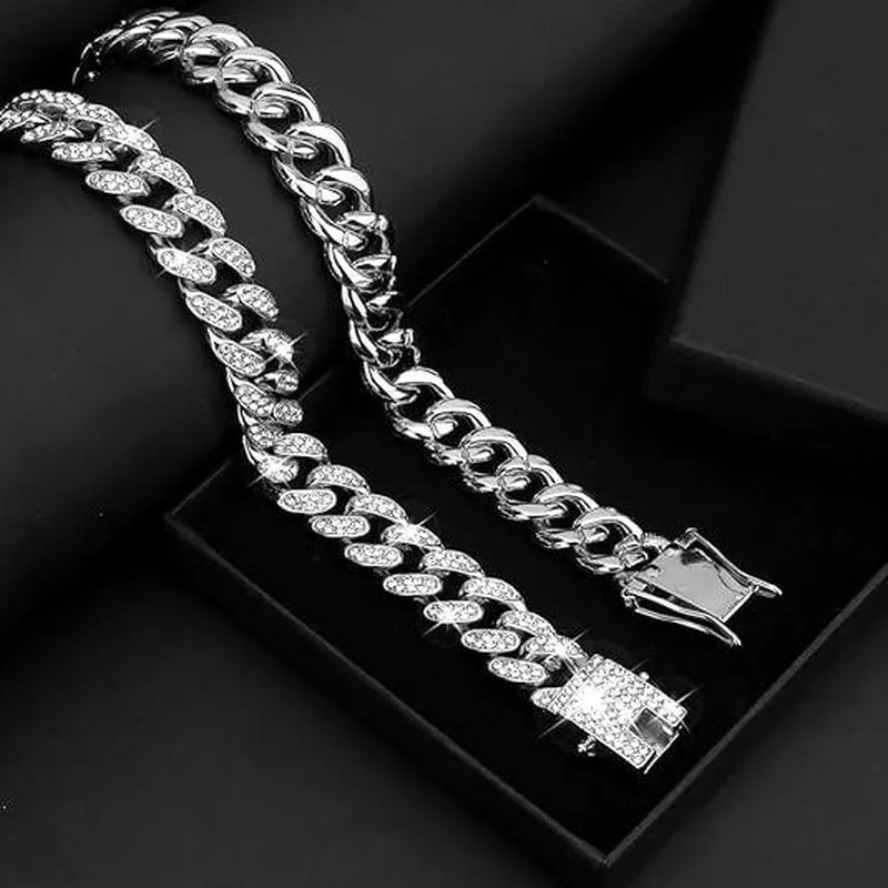 Cuban Link Chain for Men Women,Diamond Necklaces,Iced Out Chain,Hip Hop ,Thick Silvery Chain,Golden Chain,Diamond Bracelet