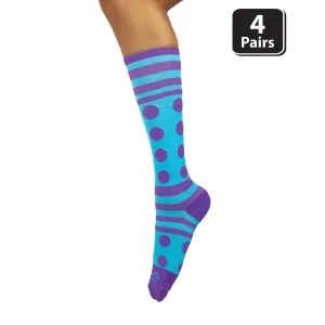 Dots & Stripe Compression Socks,  Anti-Fatigue, Fits Adult and Youth (4 pairs)