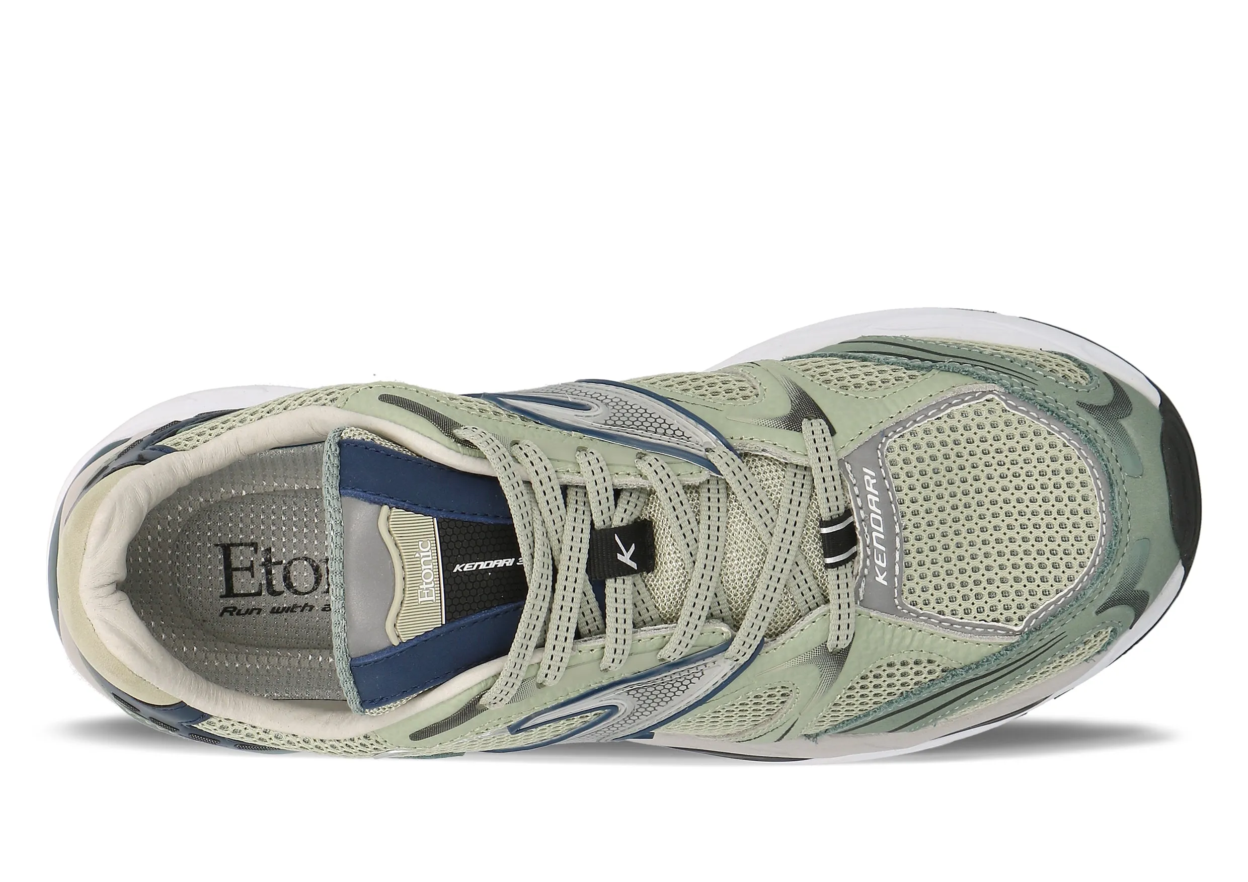 Etonic Kendari 3.0 sneakers in light green mesh, tonal leather and different shades of geen leather inserts with dark blue and silver details.