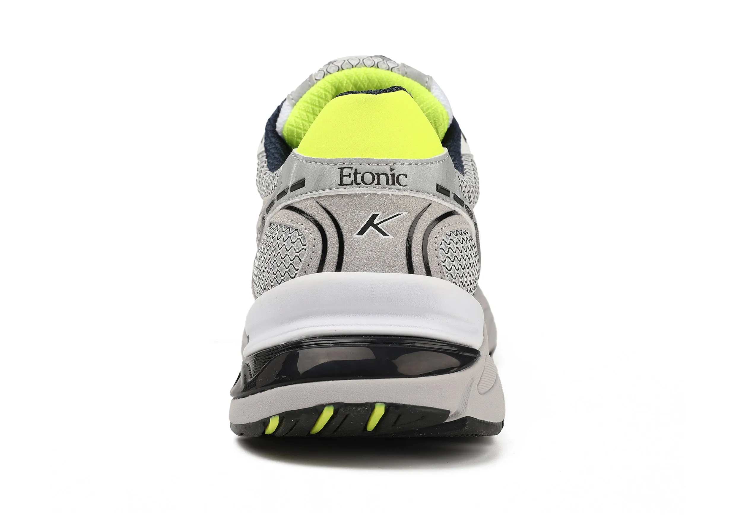 Etonic Kendari 3.0 sneakers in matte silver and white leather, light grey mesh, navy blue inserts and fluo yellow details.