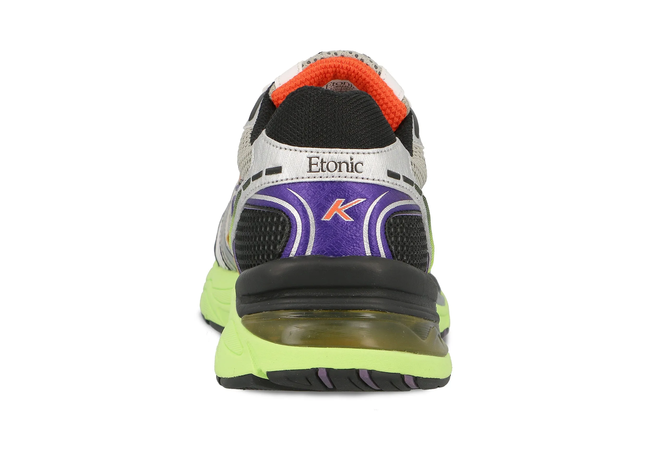 Etonic Kendari 3.0 sneakers in matte silver leather, light beige mesh with black details, multi-color inserts and a fluorescent green outsole.