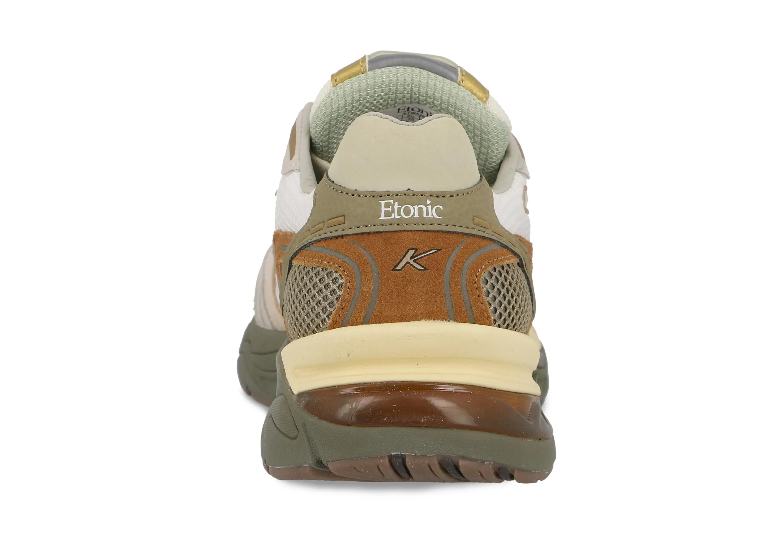 Etonic Kendari 3.0 sneakers in white mesh, beige and brown leather inserts with green and yellow details.