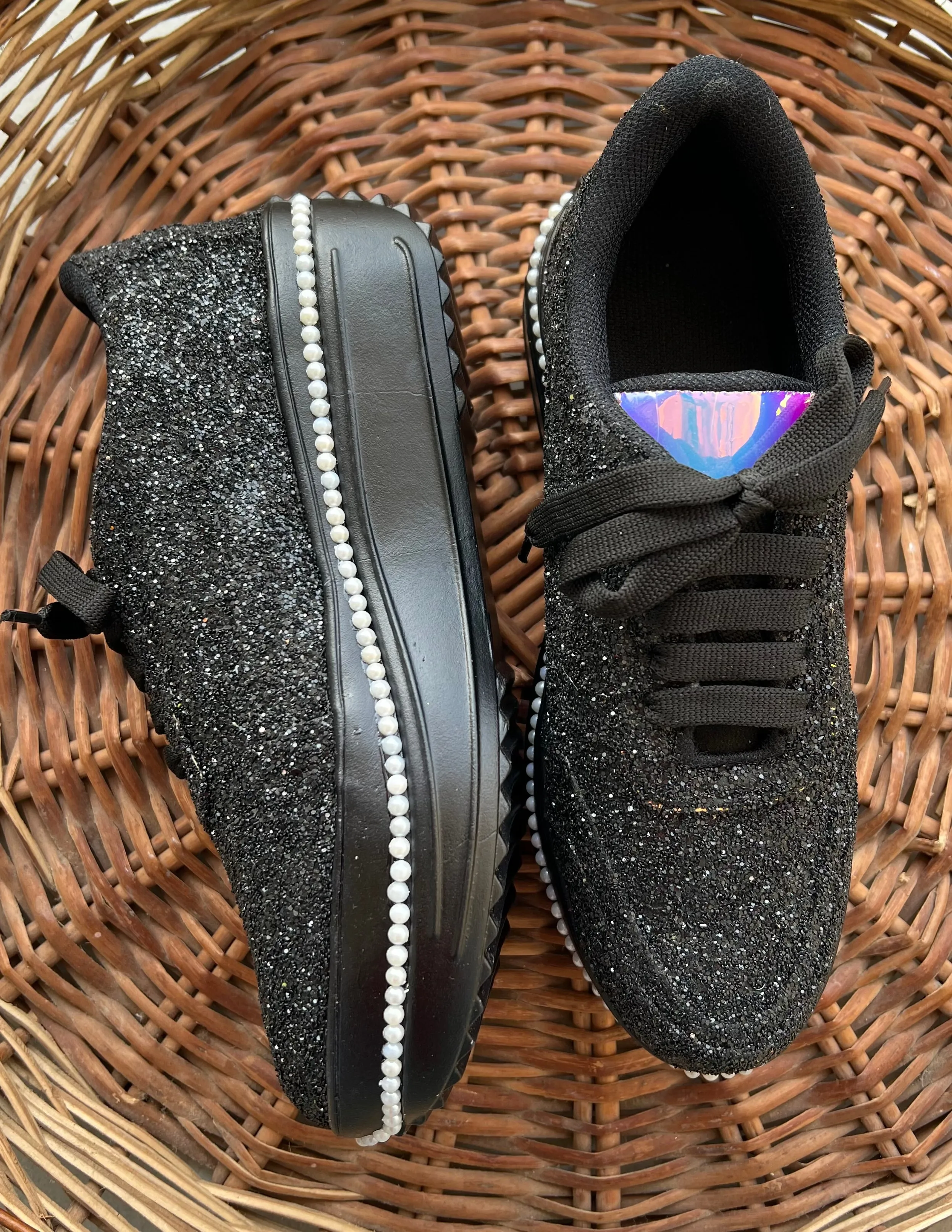 FUNKY N TRENDY black glitter heeled sneakers with pearl detailing for brides /bridesmaids / sneakers for bridesmaids/ handcrafted sneakers/ glitter sneakers / bridal sneakers / bridesmaid sneakers/ black sneakers / black shoes