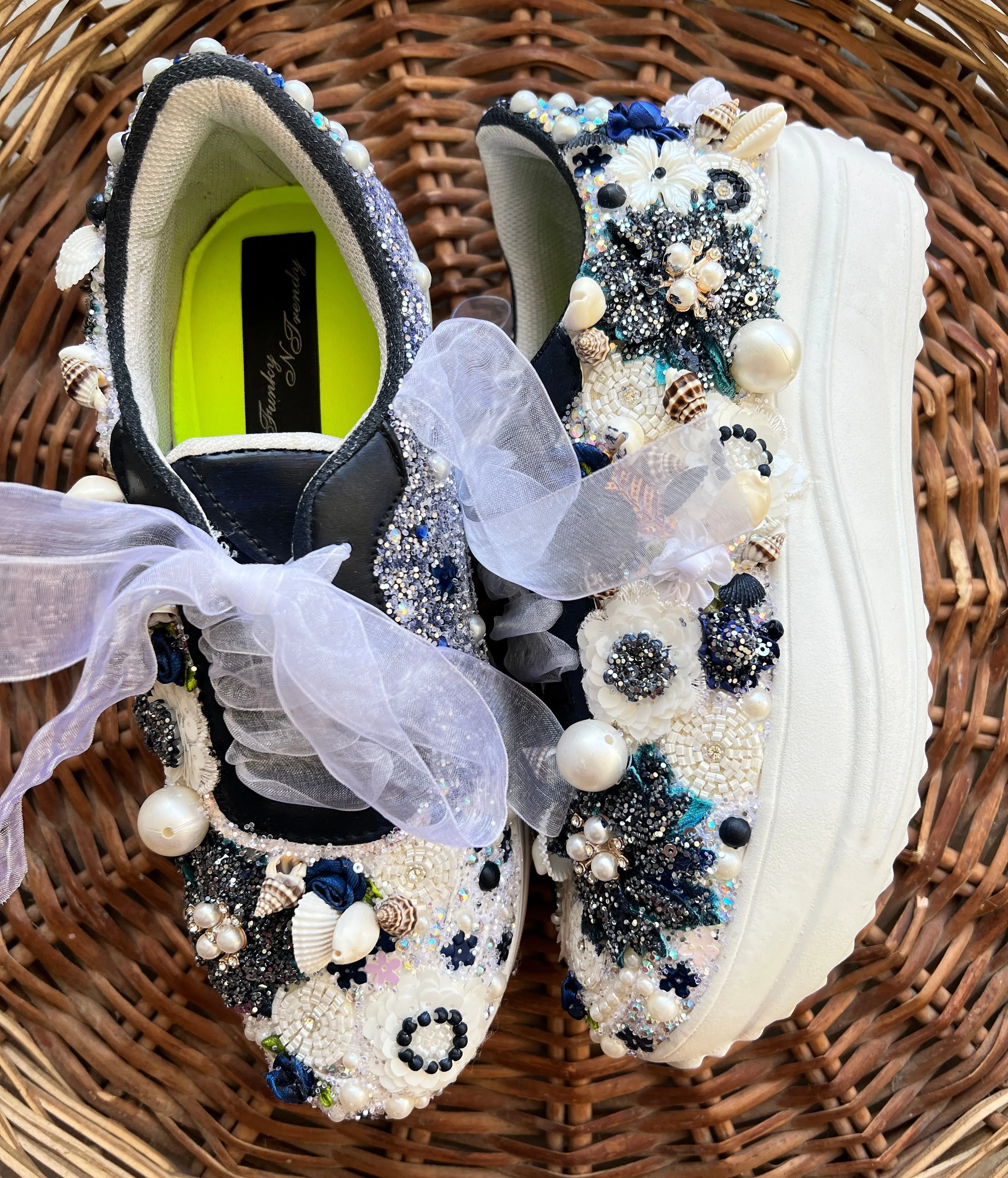 FUNKY N TRENDY floral theme hand work sneakers for brides / bridesmaids/ shells sneakers / pearls sneakers / blue and white shoes / white and blue sneakers / blue sneakers/ nevy blue sneakers / blue shoes