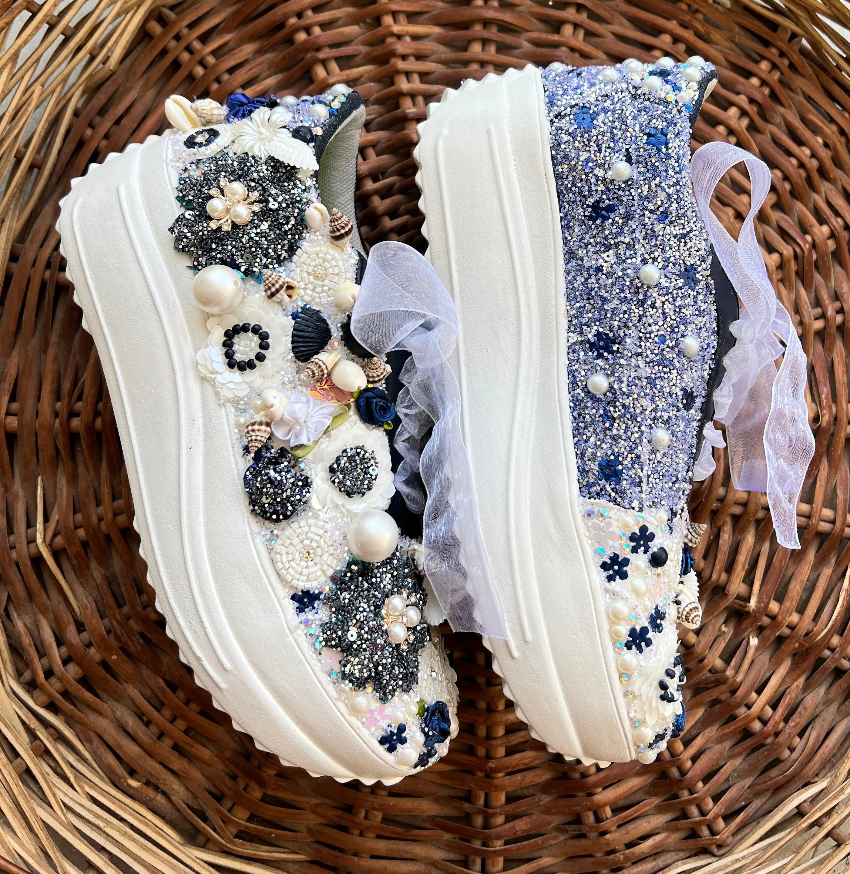 FUNKY N TRENDY floral theme hand work sneakers for brides / bridesmaids/ shells sneakers / pearls sneakers / blue and white shoes / white and blue sneakers / blue sneakers/ nevy blue sneakers / blue shoes