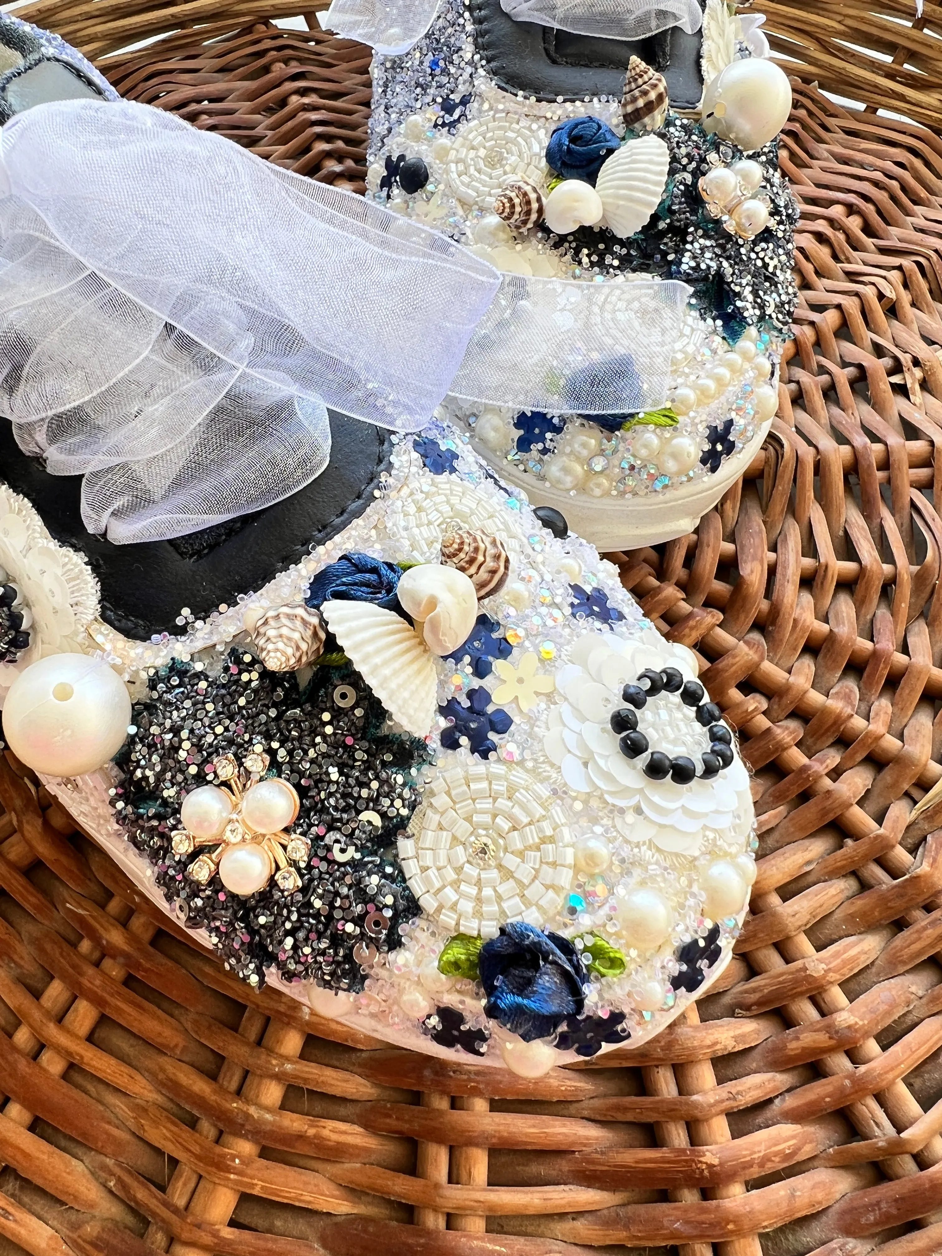 FUNKY N TRENDY floral theme hand work sneakers for brides / bridesmaids/ shells sneakers / pearls sneakers / blue and white shoes / white and blue sneakers / blue sneakers/ nevy blue sneakers / blue shoes