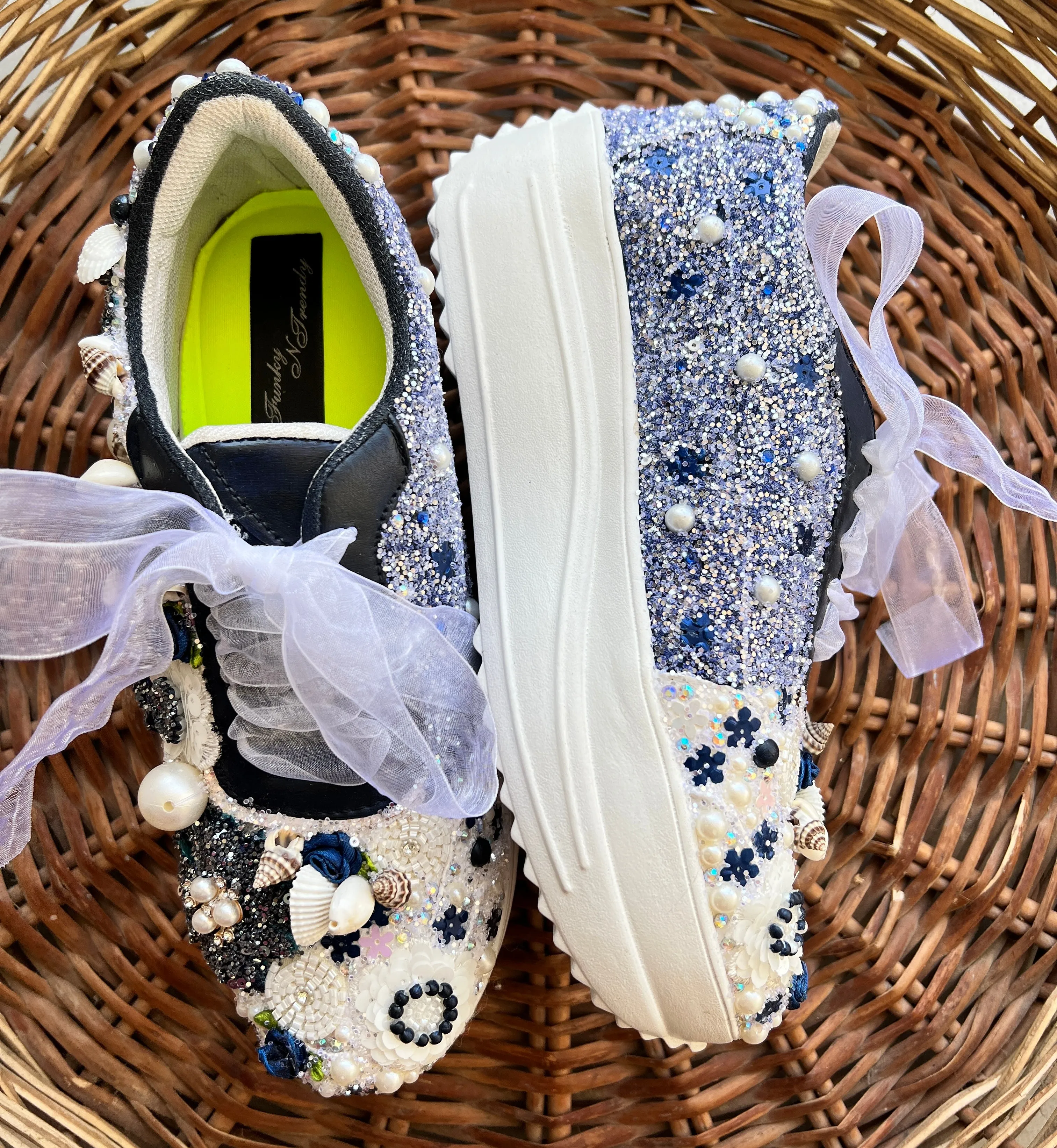 FUNKY N TRENDY floral theme hand work sneakers for brides / bridesmaids/ shells sneakers / pearls sneakers / blue and white shoes / white and blue sneakers / blue sneakers/ nevy blue sneakers / blue shoes