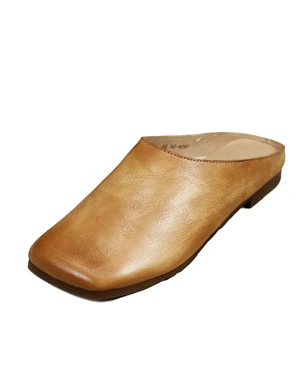 Handmade Retro Leather Square Head Flat Slippers