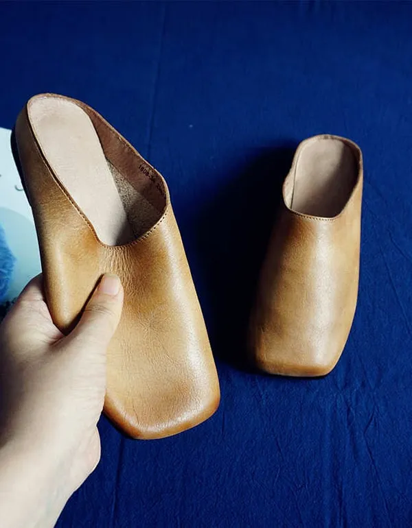 Handmade Retro Leather Square Head Flat Slippers