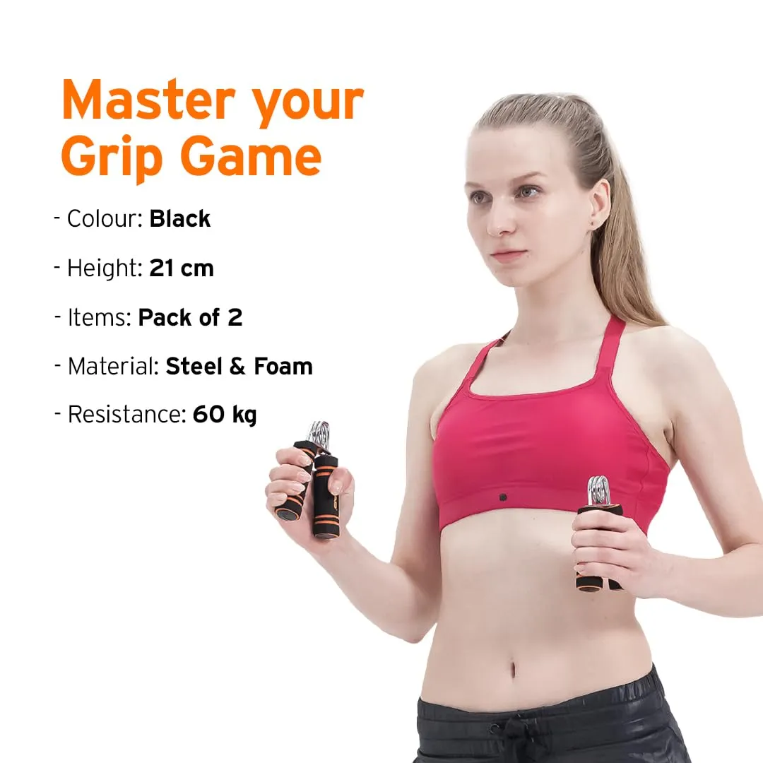 HEAD Finger Hand Gripper 60 Kg with Foam Handle | Hand Grip Strengthener for Gym Workout | Forearm & Finger Exercise Equipment for Men & Women | Power Gripper | Adjustable Hand Gripper Combo - Black