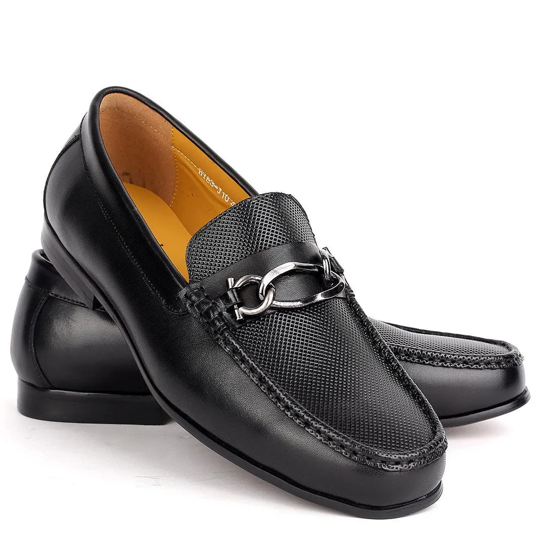 J.M Weston Men's Solid Black Loafers Shoe with Mini Woven Design