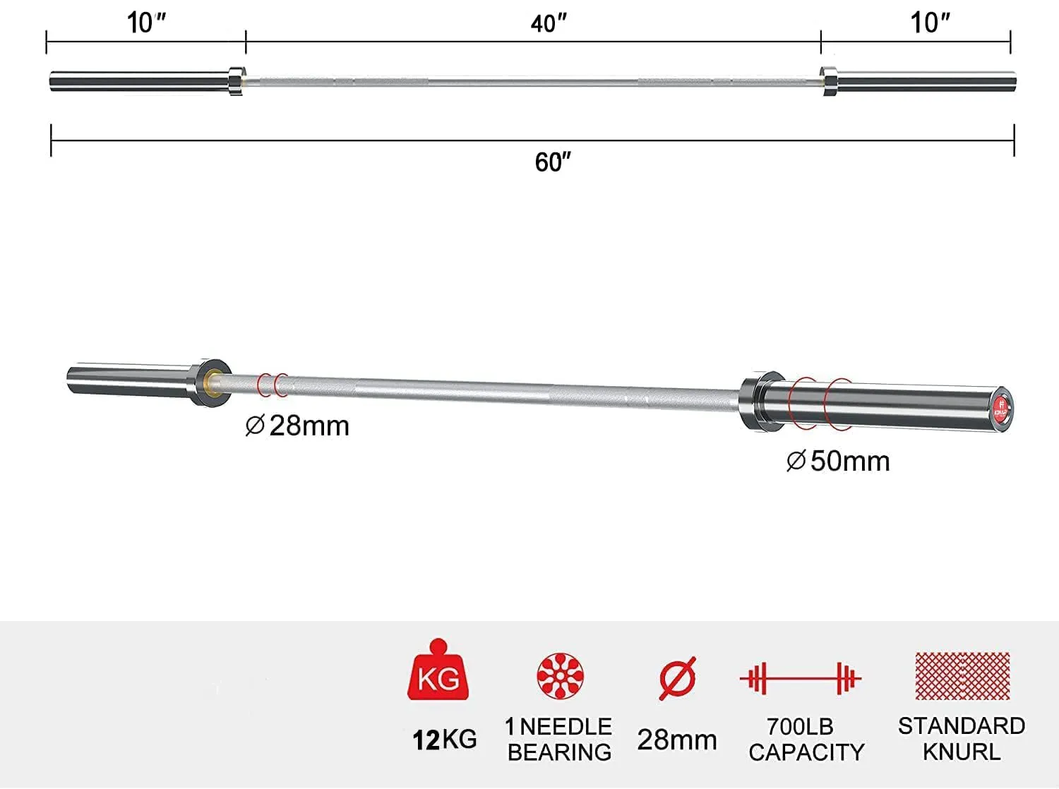 Konark Fitness 6 Feet Olympic Barbell Rod Bench Press, Deadlift, Powerlifting, CrossFit Training (28 mm Internal Dia and 50mm Outer Dia) with Two Springs Collar (6 Feet with Spring Lock)