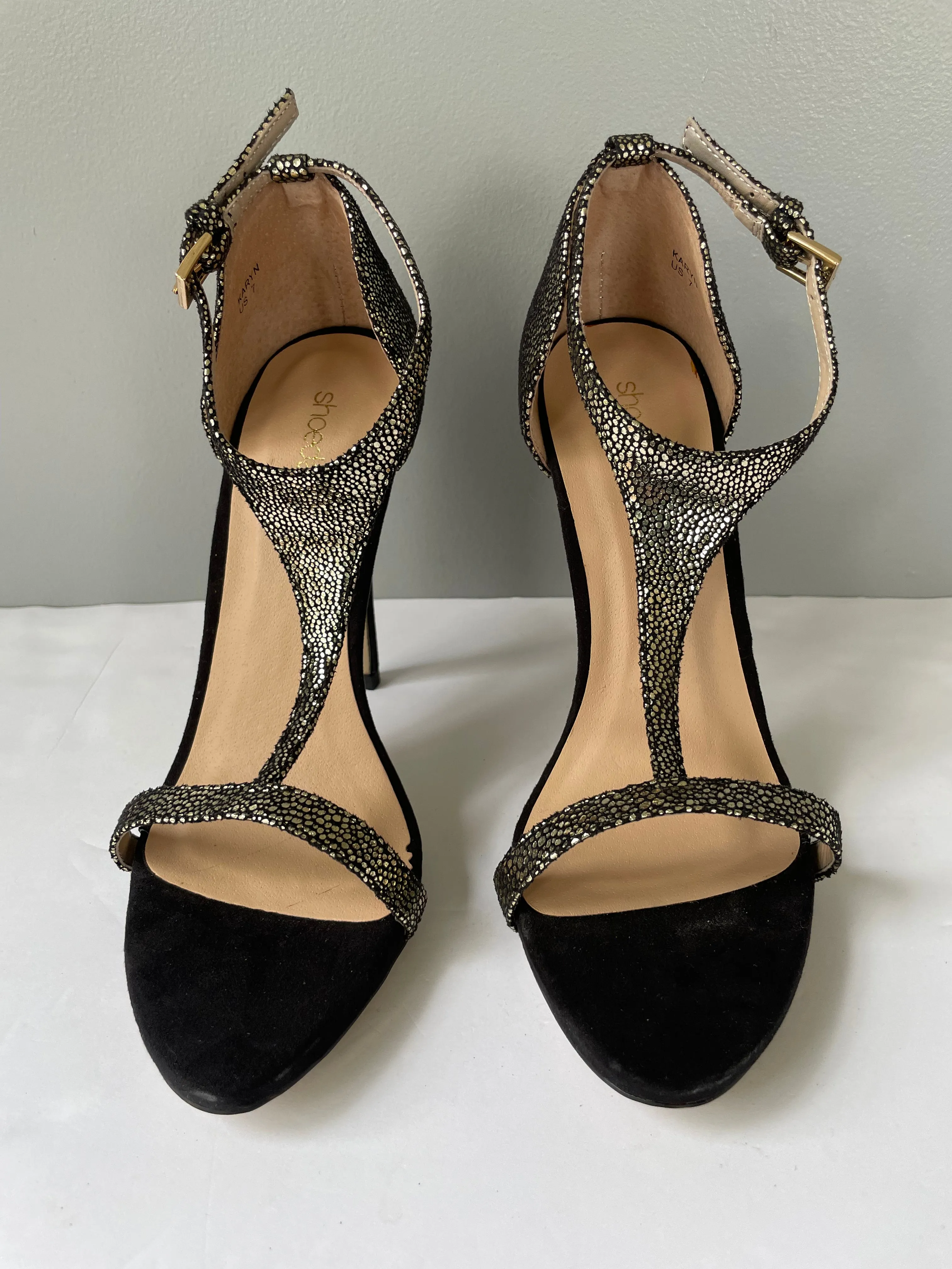 New Womens Shoedazzle Black & Gold Shimmer Stiletto Sandal High Heel Ankle Strap Size 7 Sexy