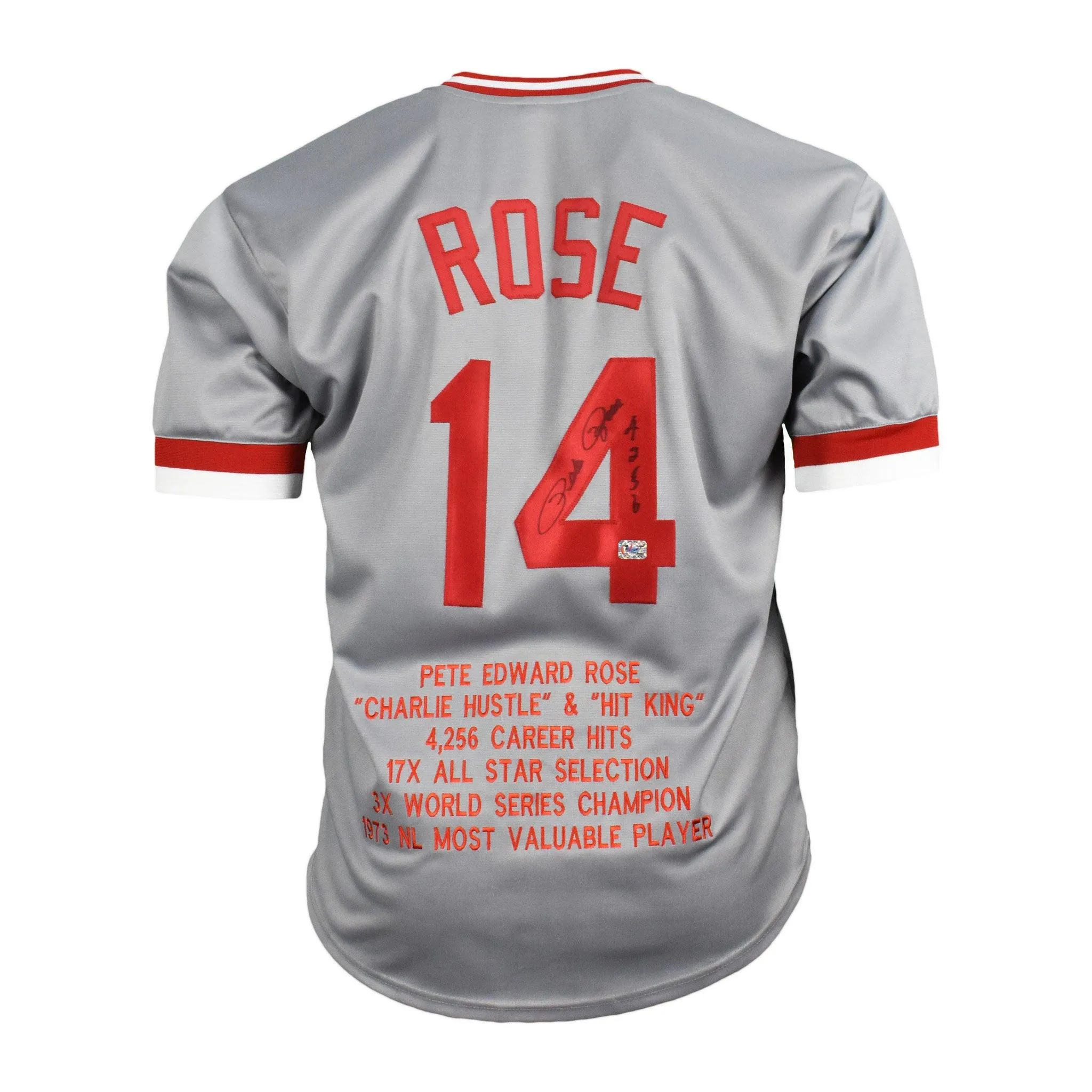 Pete Rose Signed 4256 Hits Stats Cincinnati Pro Edition Grey Jersey (Fiterman)