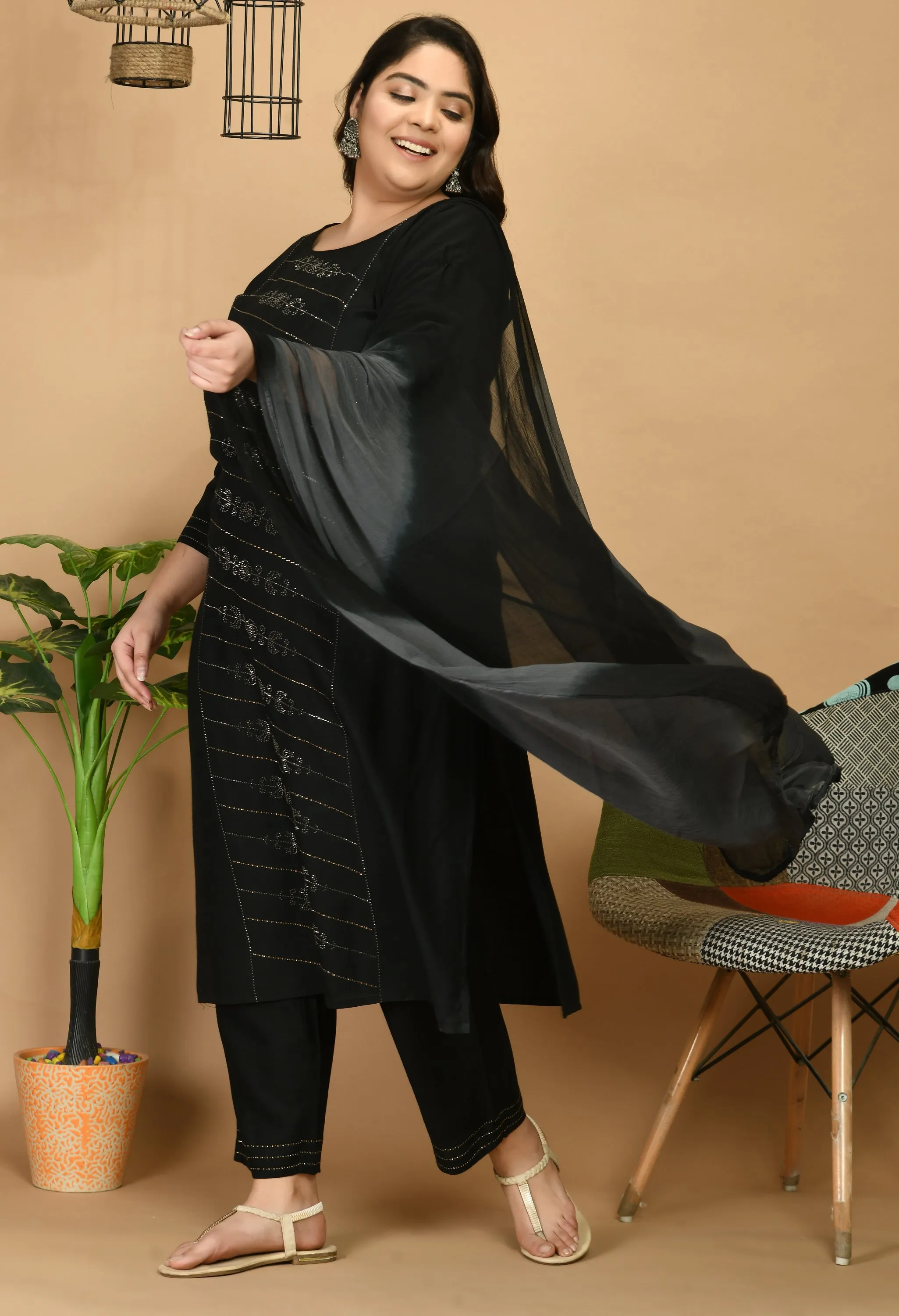 Plus Size Mesmerizing Black Kurta Pant Set with Dupatta