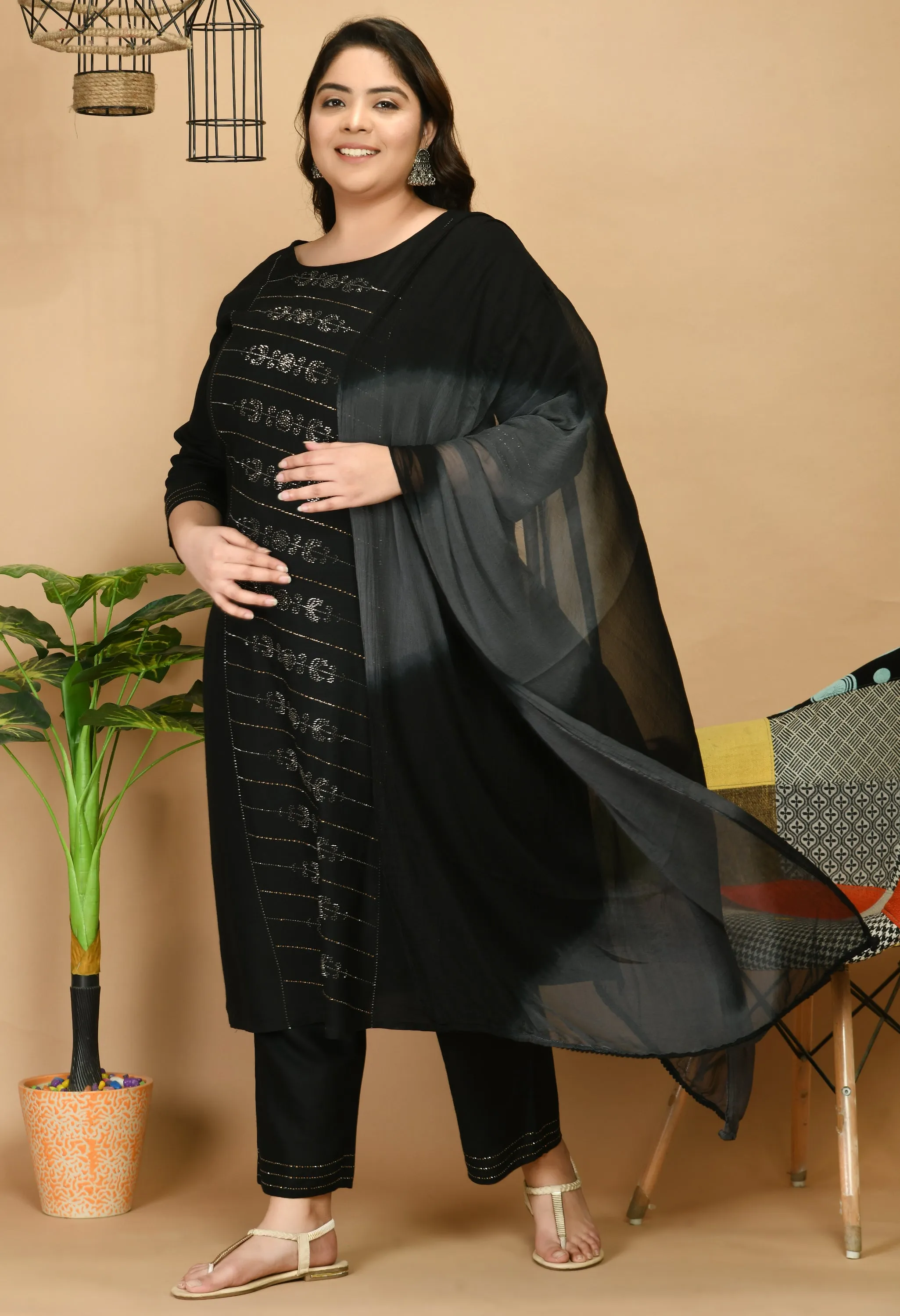 Plus Size Mesmerizing Black Kurta Pant Set with Dupatta