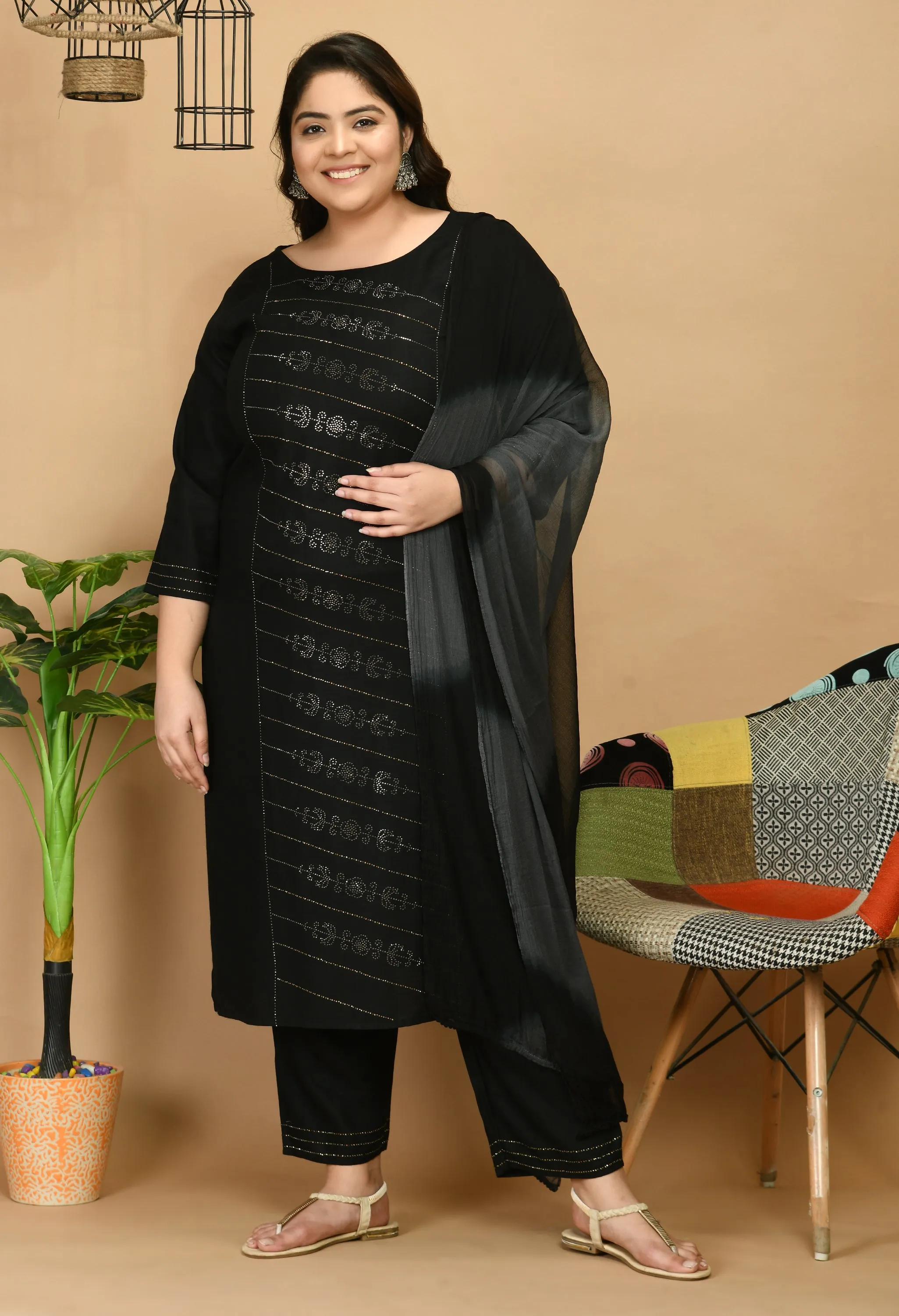 Plus Size Mesmerizing Black Kurta Pant Set with Dupatta