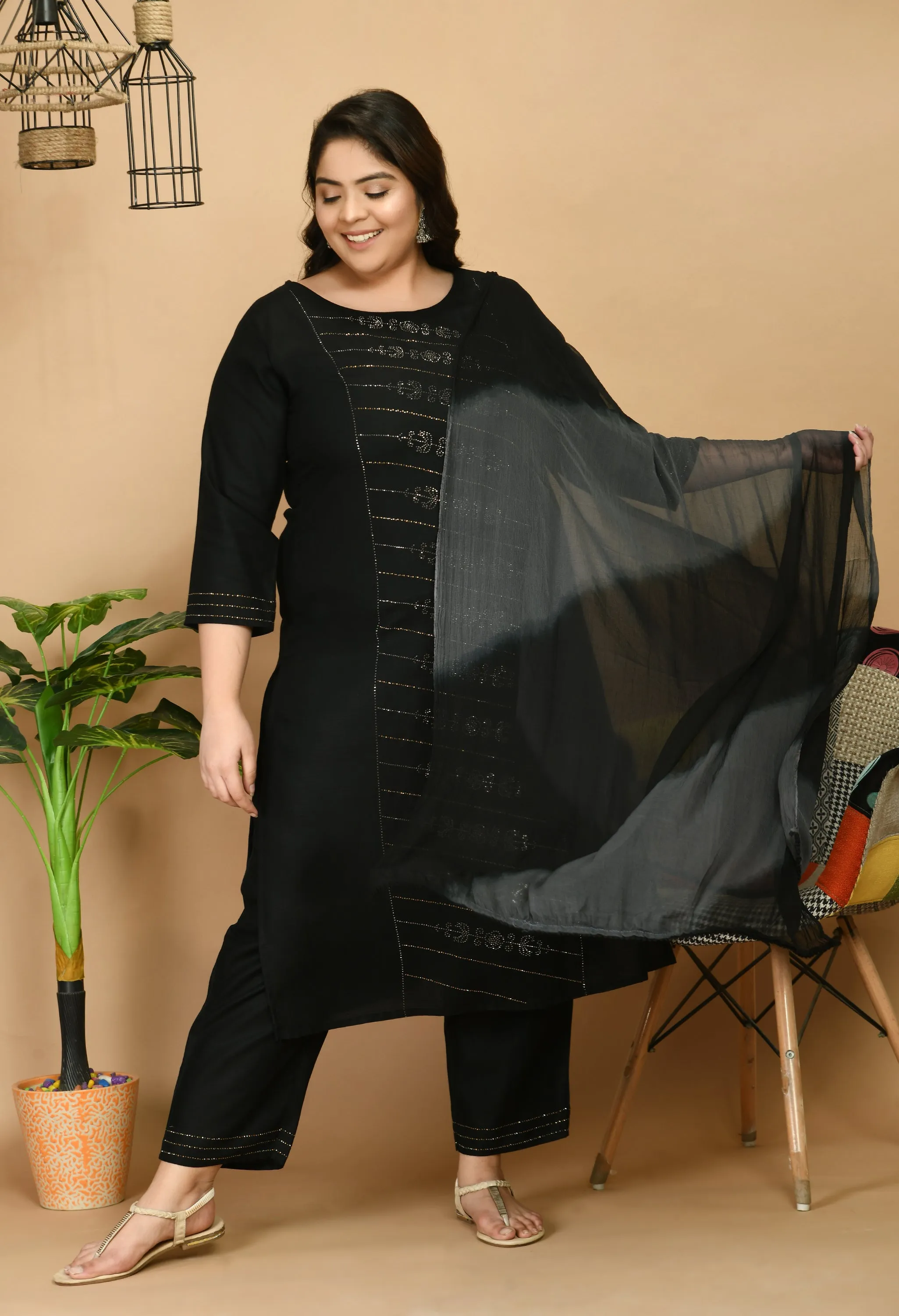 Plus Size Mesmerizing Black Kurta Pant Set with Dupatta