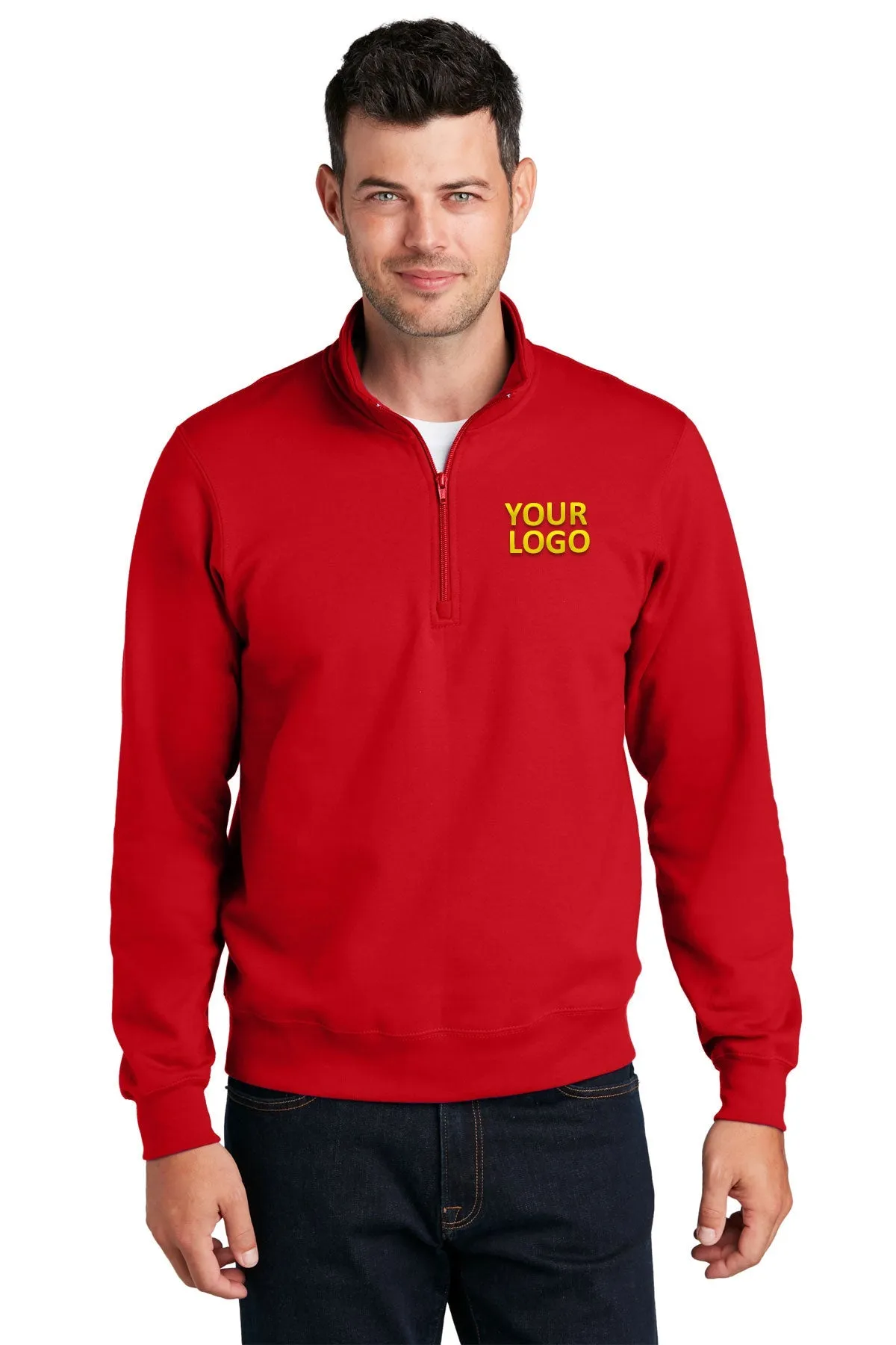 Port & Company Fan Favorite Fleece Branded Quarter Zips, Bright Red