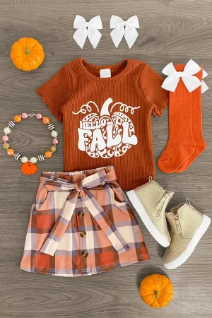 "Hello Fall" Brown & Orange Plaid Skirt Set