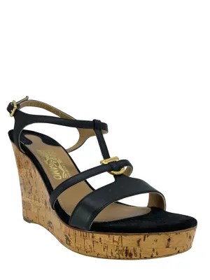 Salvatore Ferragamo Black Leather Savita Cork Wedge Size 7.5