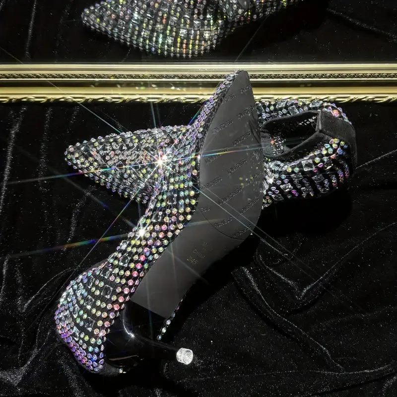 Sexy Silver Rhinestone Black Mesh Kitten Heel Ankle Booties