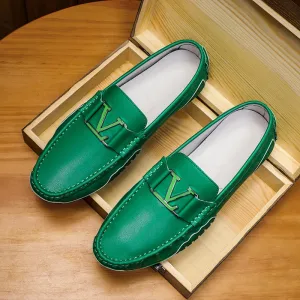 Solid V Letter Appliques Leather Loafers