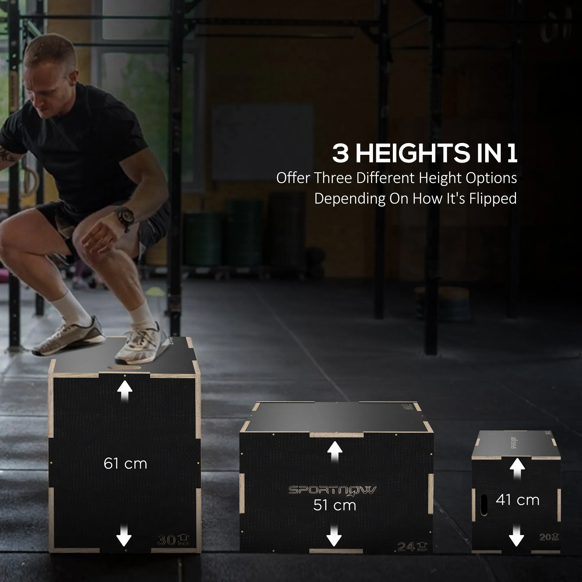 SPORTNOW 41/51/61cm Plyometric Jump Box, Wooden Plyo Box for Home Gym