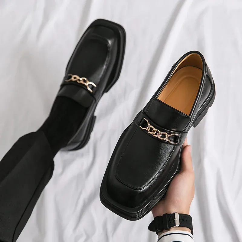 Square Top Metal Appliques Leather Loafers