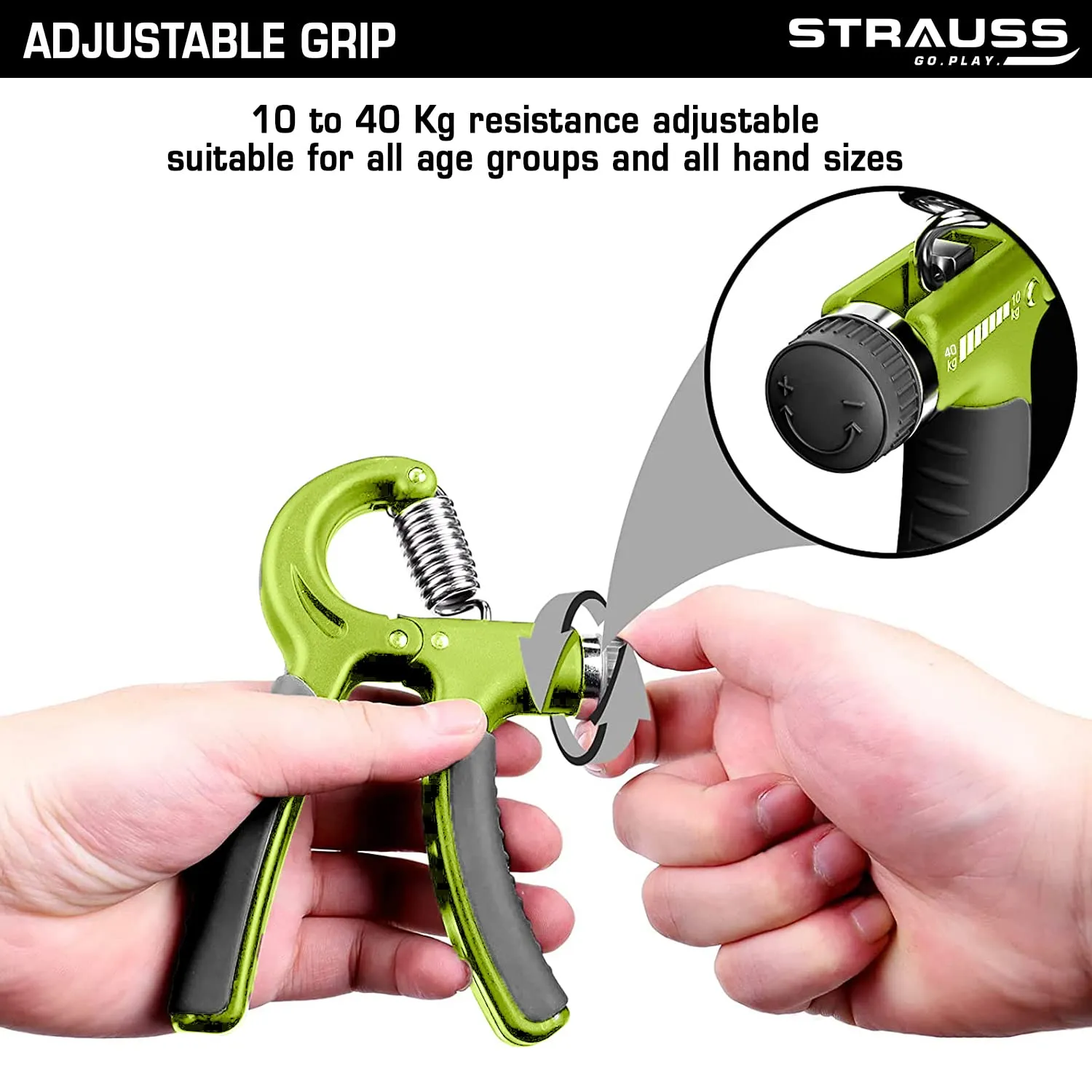 Strauss Adjustable Hand Grip| Adjustable Resistance (10KG - 40KG) | Hand Gripper for Home & Gym Workouts | Perfect for Finger & Forearm Hand Exercises & Strength Building for Men & Women (Black/Green)