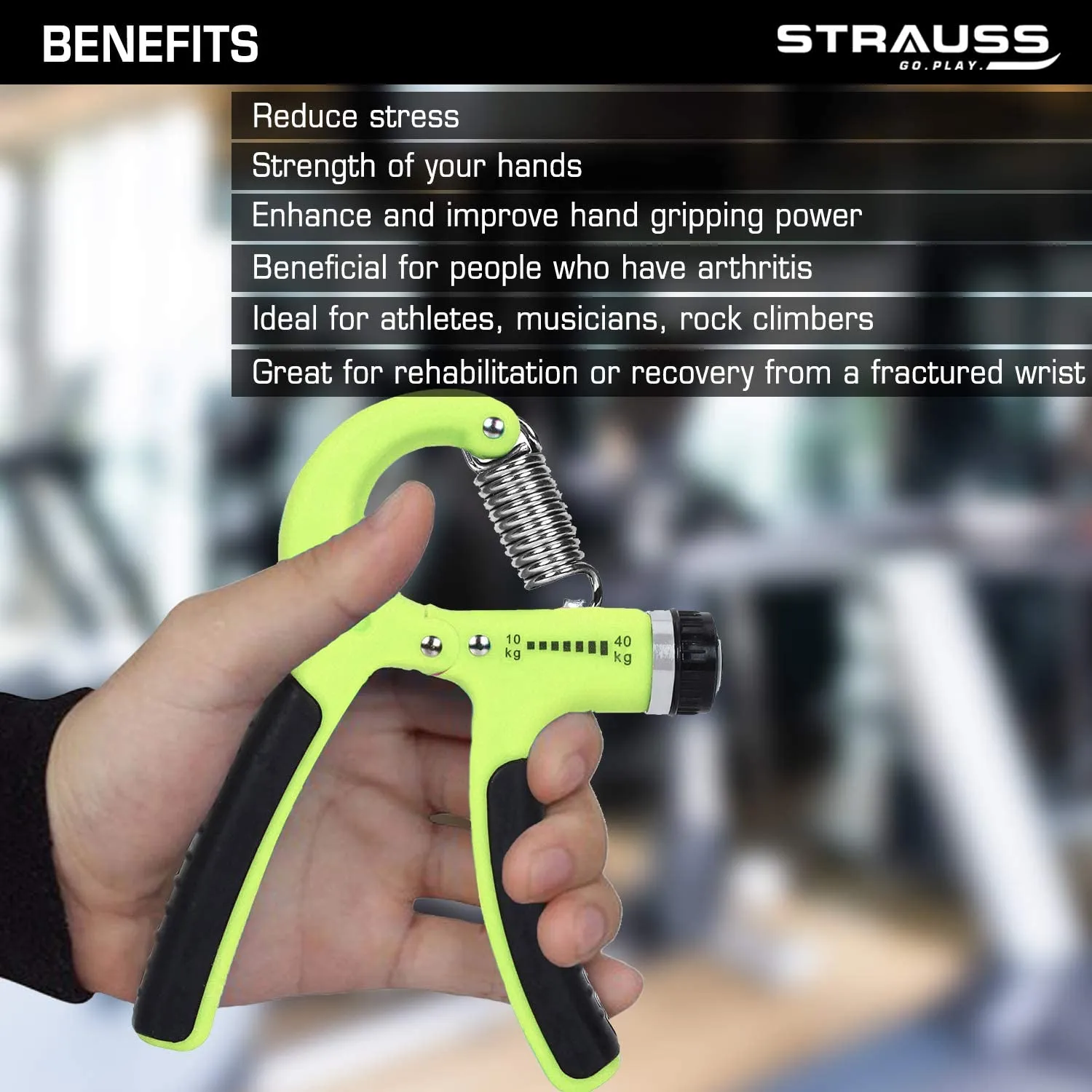 Strauss Adjustable Hand Grip| Adjustable Resistance (10KG - 40KG) | Hand Gripper for Home & Gym Workouts | Perfect for Finger & Forearm Hand Exercises & Strength Building for Men & Women (Black/Green)