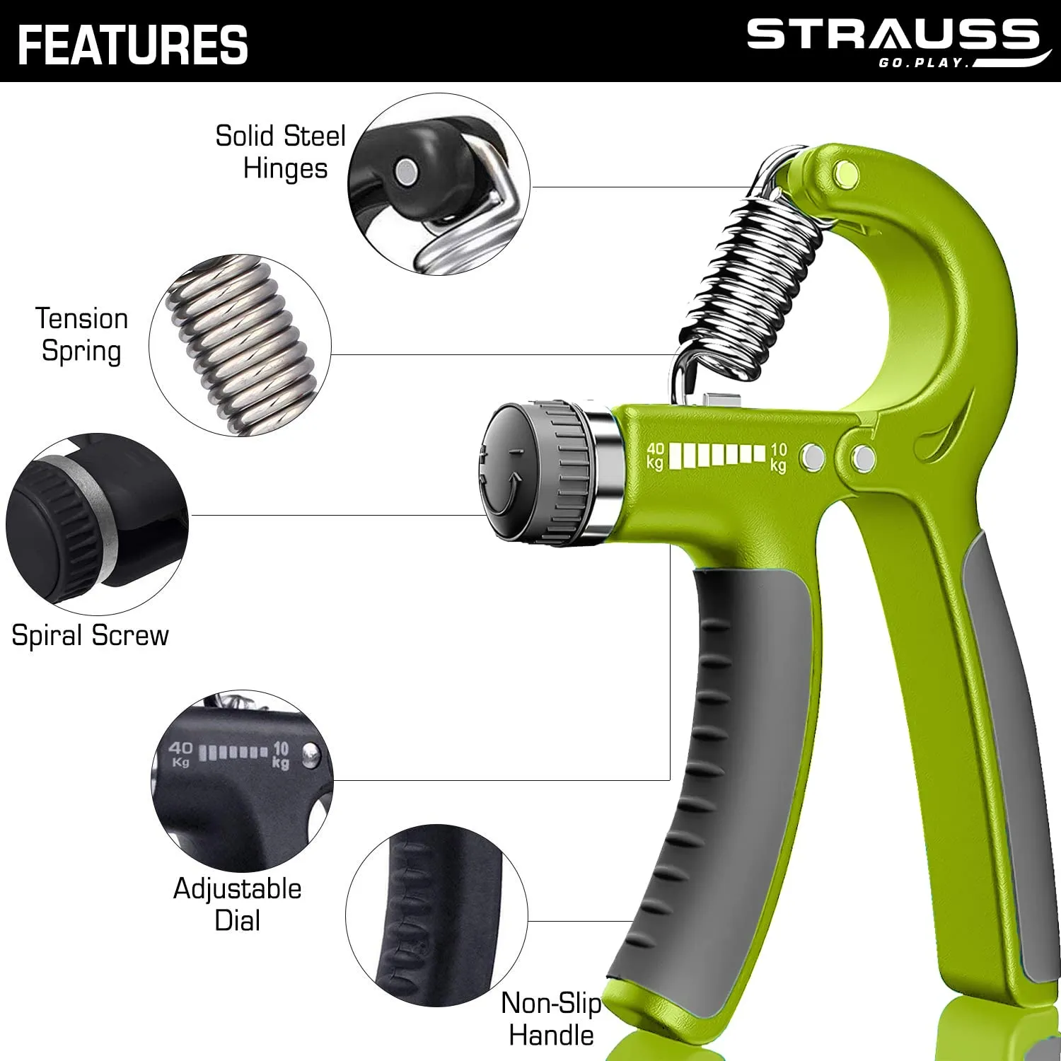 Strauss Adjustable Hand Grip| Adjustable Resistance (10KG - 40KG) | Hand Gripper for Home & Gym Workouts | Perfect for Finger & Forearm Hand Exercises & Strength Building for Men & Women (Black/Green)