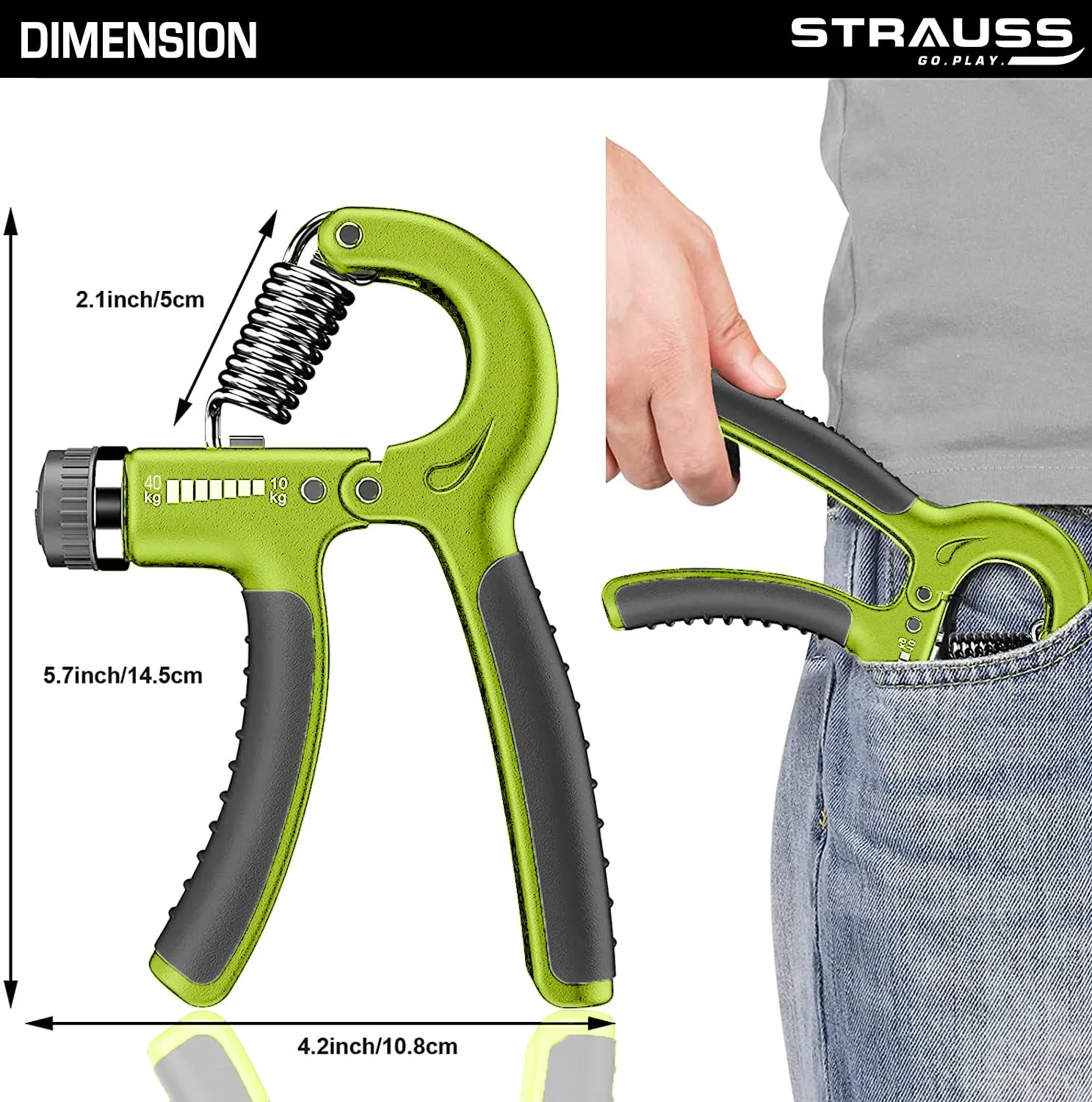 Strauss Adjustable Hand Grip| Adjustable Resistance (10KG - 40KG) | Hand Gripper for Home & Gym Workouts | Perfect for Finger & Forearm Hand Exercises & Strength Building for Men & Women (Black/Green)