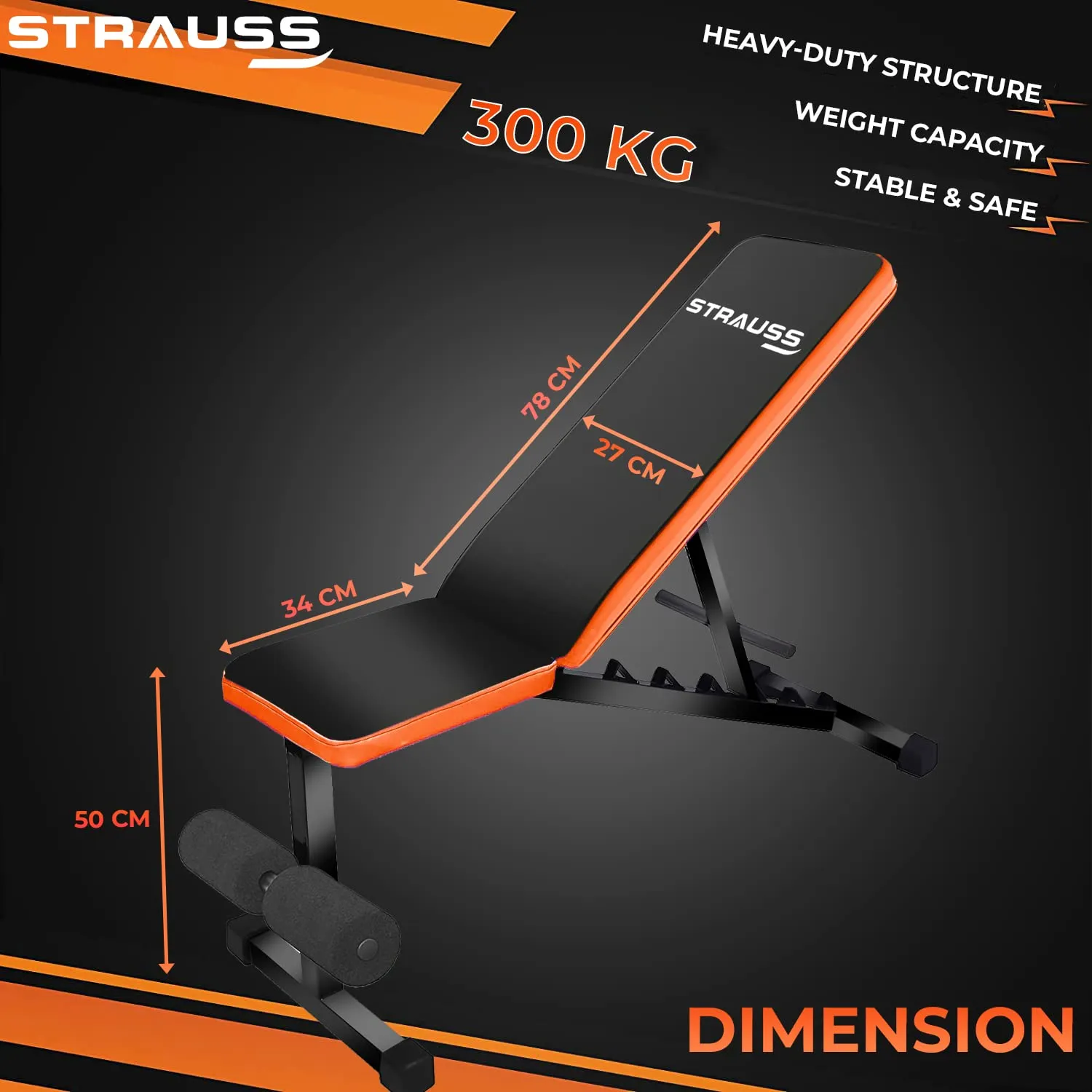 Strauss Adjustable Heavy Duty Workout Gym Bench | Home Gym Bench for Multipurpose Exercises | Incline Decline Bench with 7 Positions | Fitness Bench for Bench Press, Chest Press,(Black/Orange)