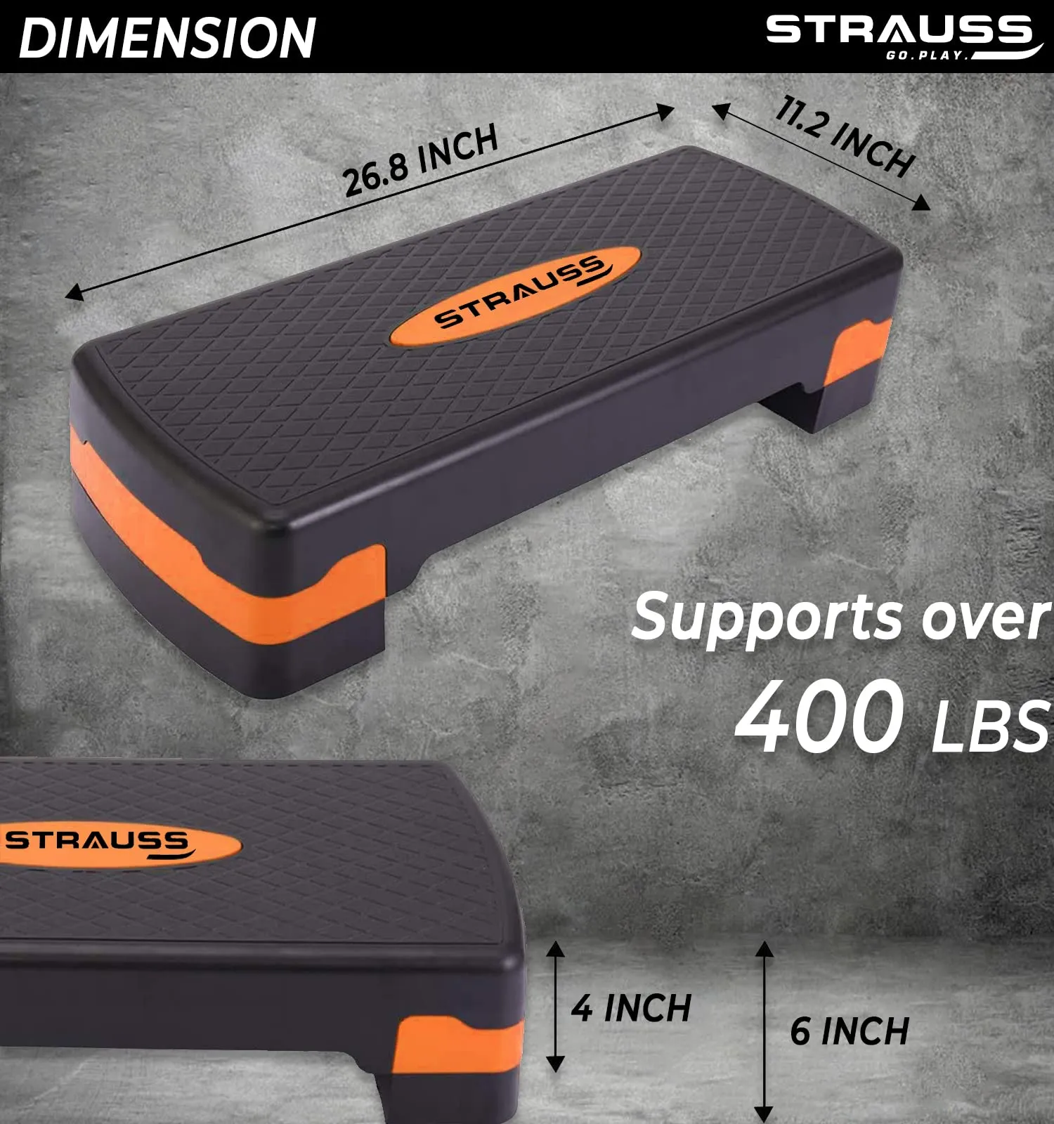 Strauss Aerobic Stepper | Two Height Level Adjustments - 4 inches and 6 inches | Slip-Resistant & Shock Absorbing Platform for Extra-Durability - Supports Upto 200 KG, (Orange)