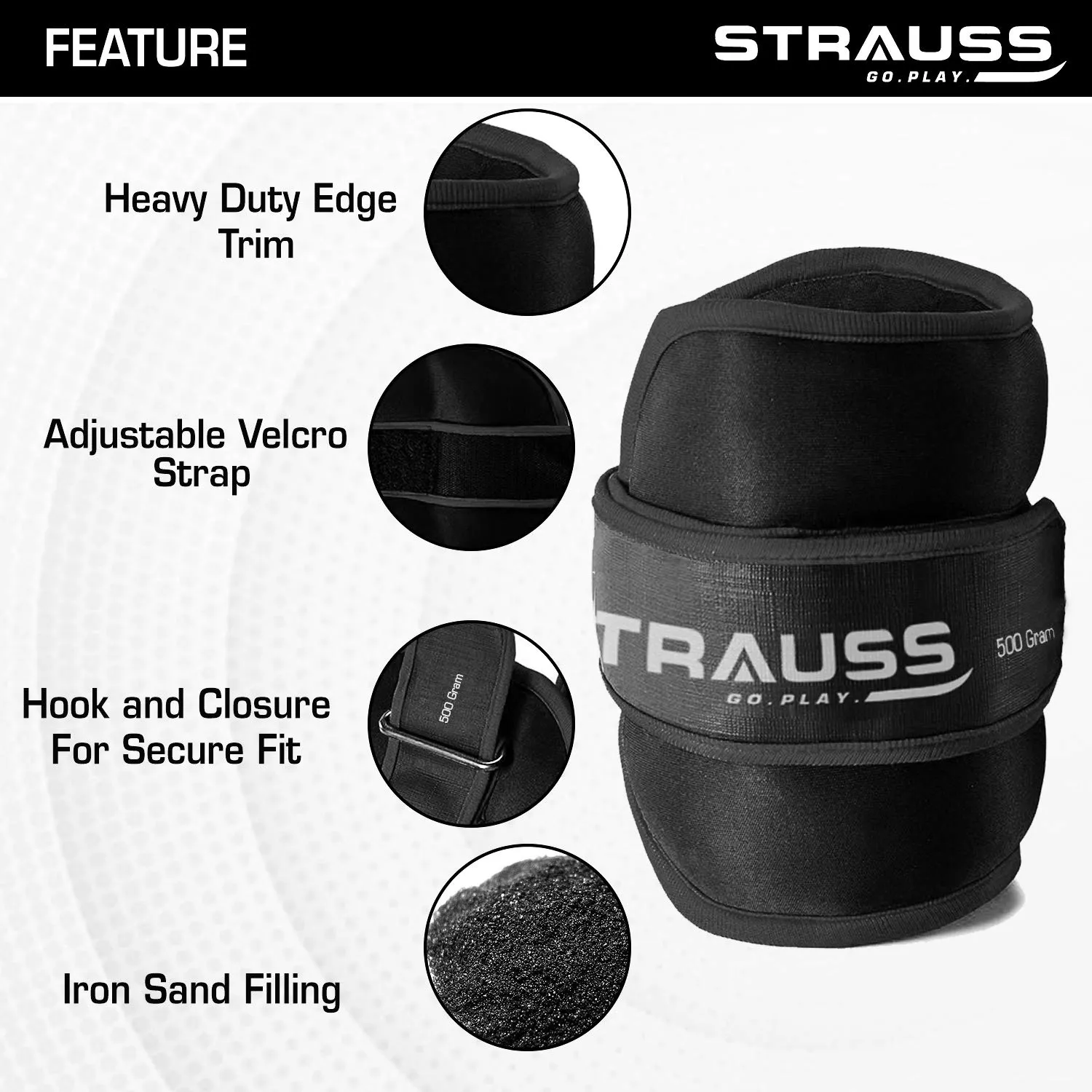 Strauss Ankle Weight-0.5 Kg- Black Pair (Round Belt)