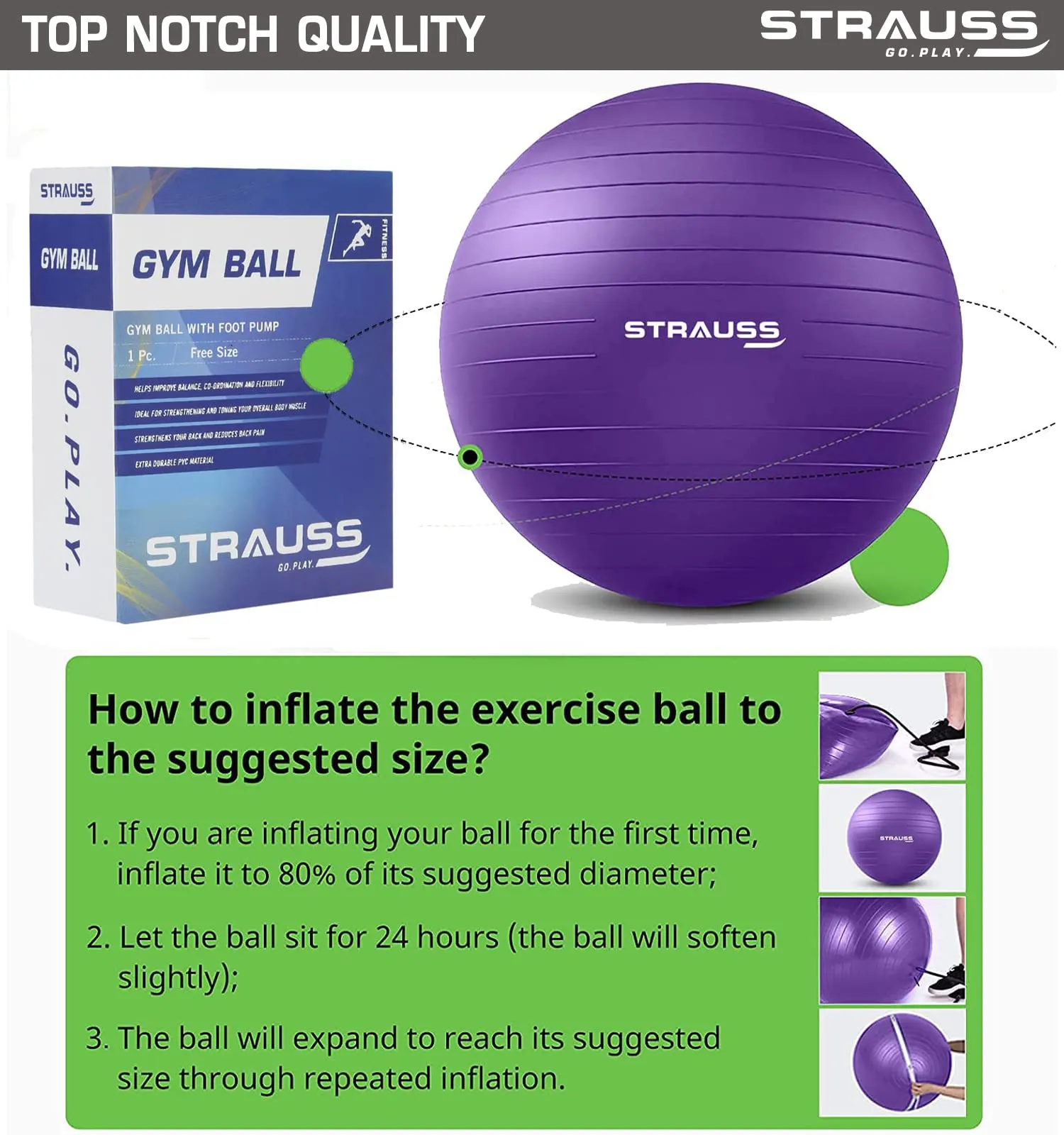 STRAUSS Anti-Burst Rubber Gym Ball with Free Foot Pump | Round Shape Swiss Ball for Exercise, Workout, Yoga, Pregnancy, Birthing, Balance & Stability, 55 cm, (Purple)