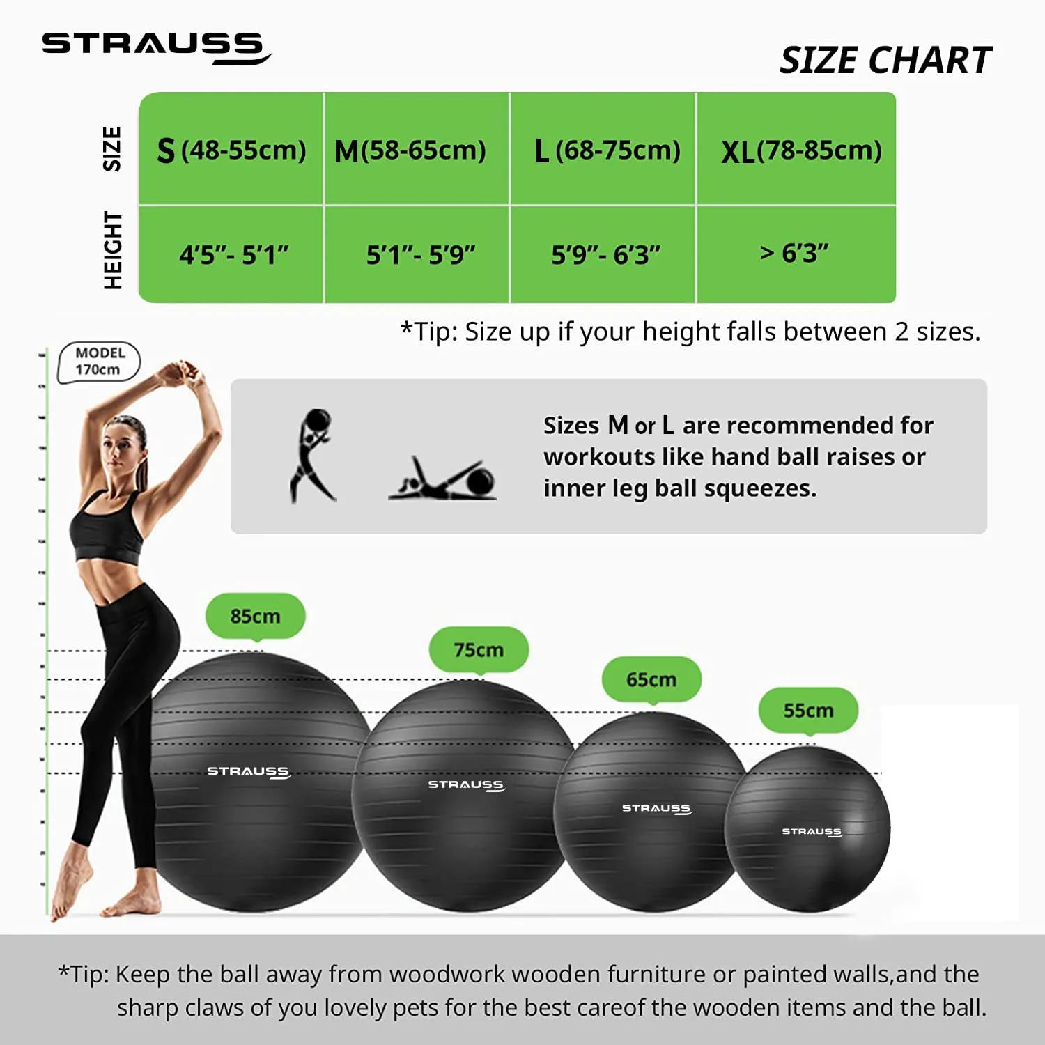 STRAUSS Anti-Burst Rubber Gym Ball with Free Foot Pump | Round Shape Swiss Ball for Exercise, Workout, Yoga, Pregnancy, Birthing, Balance & Stability, 65 cm, (Black)