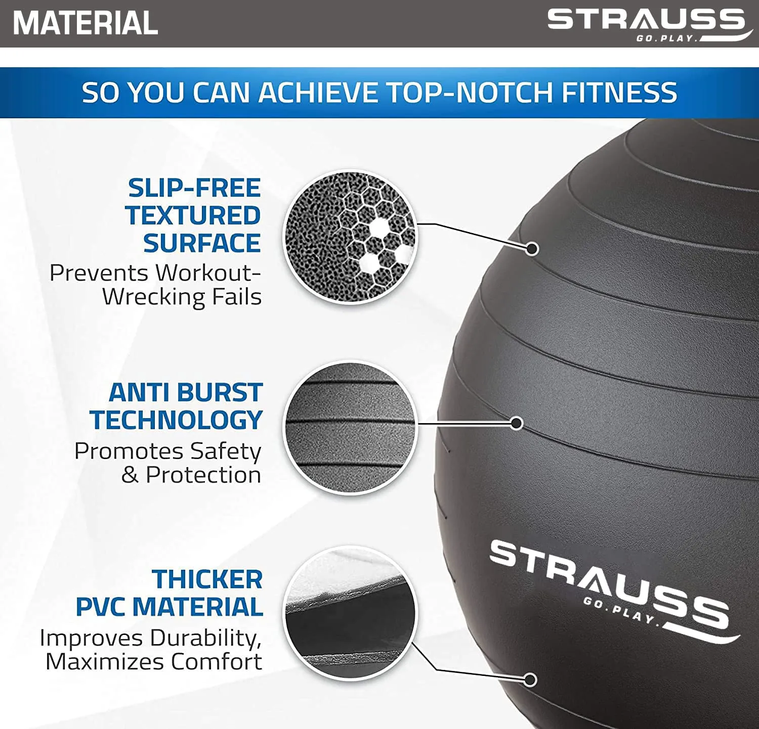 STRAUSS Anti-Burst Rubber Gym Ball with Free Foot Pump | Round Shape Swiss Ball for Exercise, Workout, Yoga, Pregnancy, Birthing, Balance & Stability, 65 cm, (Black)